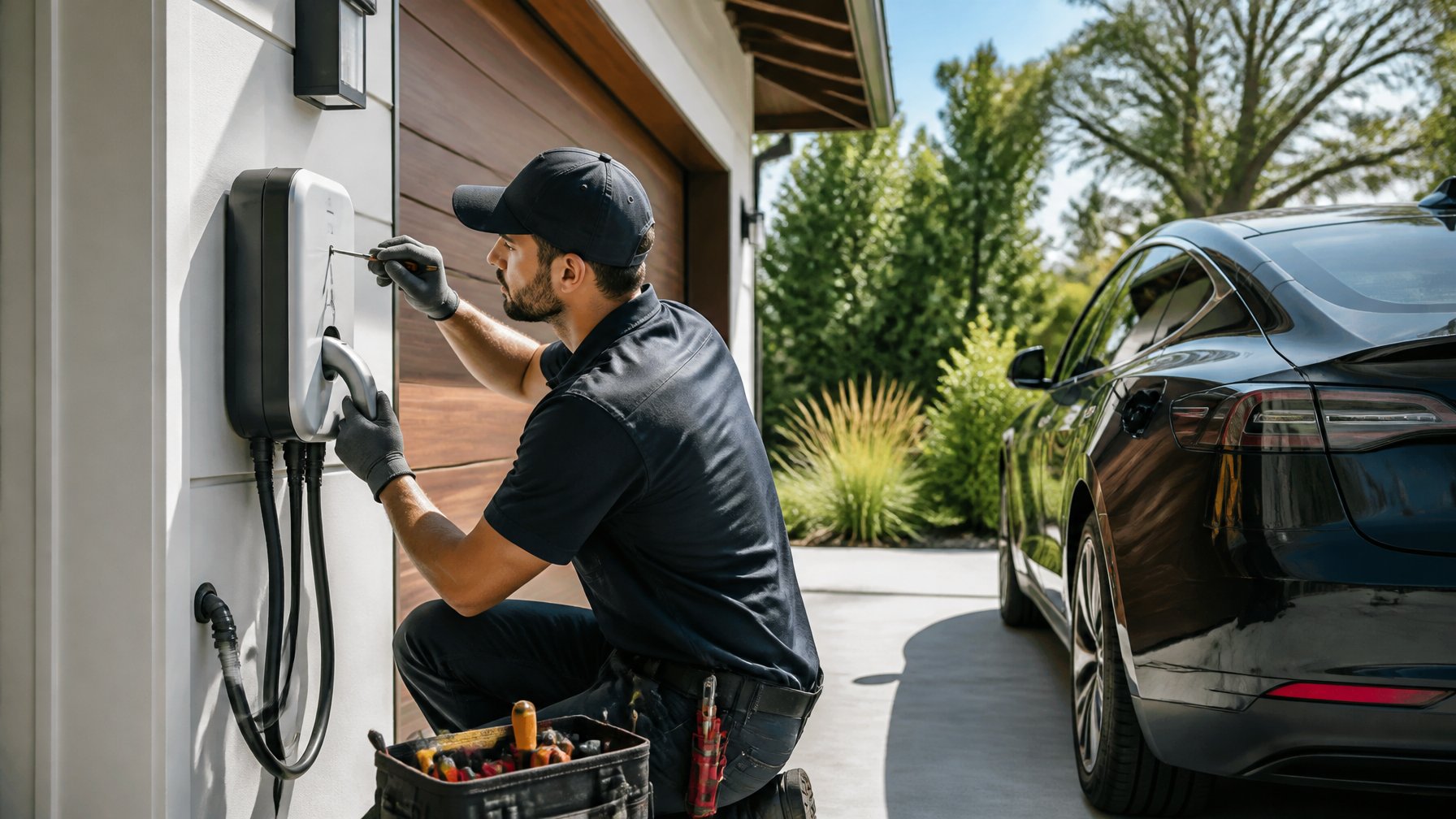 An electrician installing an electric vehicle charger on the garage wall of a single-family home with a car parked in the driveway.