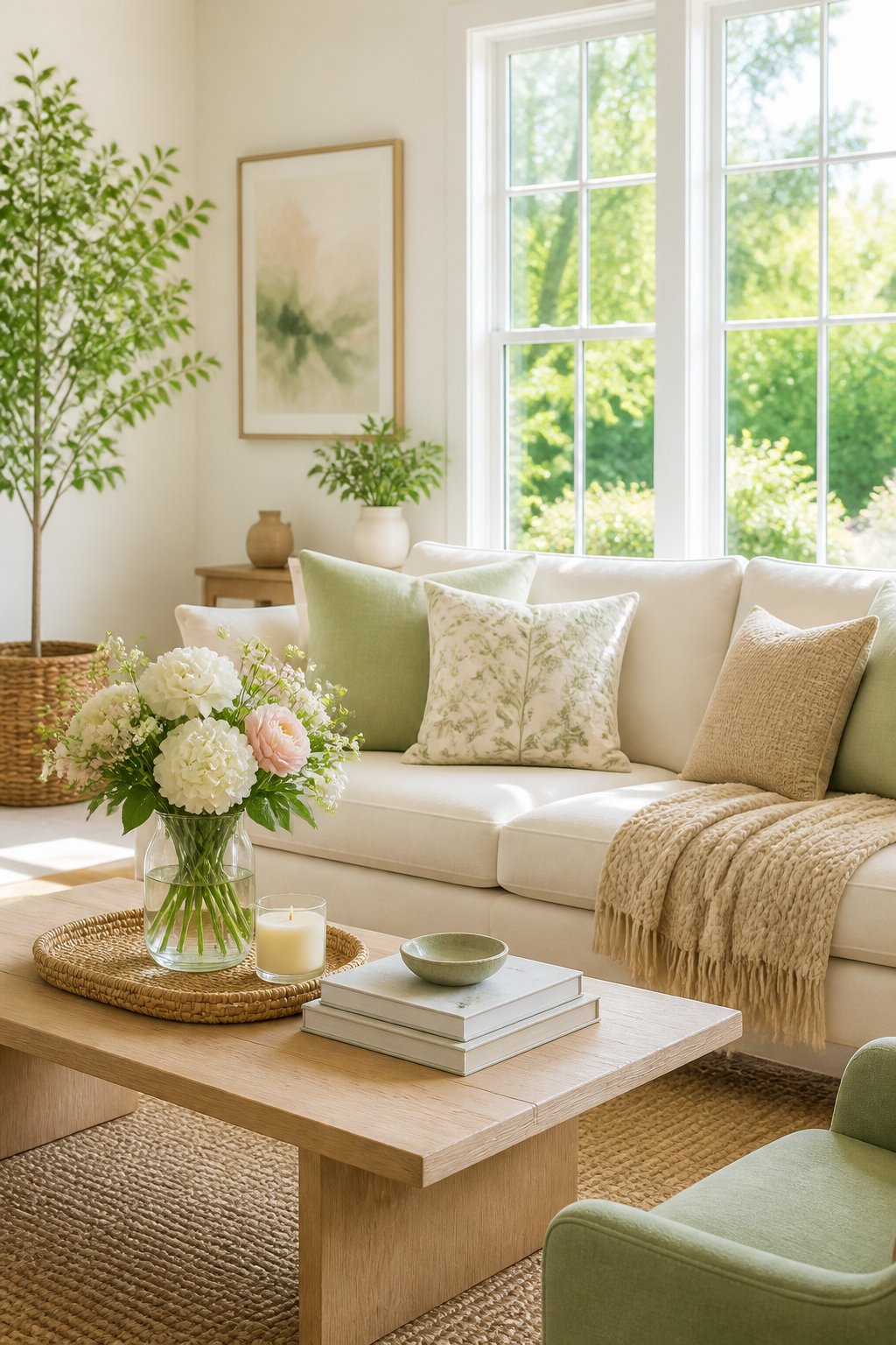 A sunlit living room with fresh flowers, decorative pillows, plants, and natural light creating a welcoming home atmosphere.