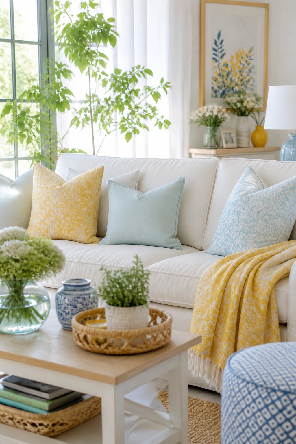 A bright living room with colorful cushions, layered lighting, plants, and light wood furniture creating a fresh and inviting atmosphere.
