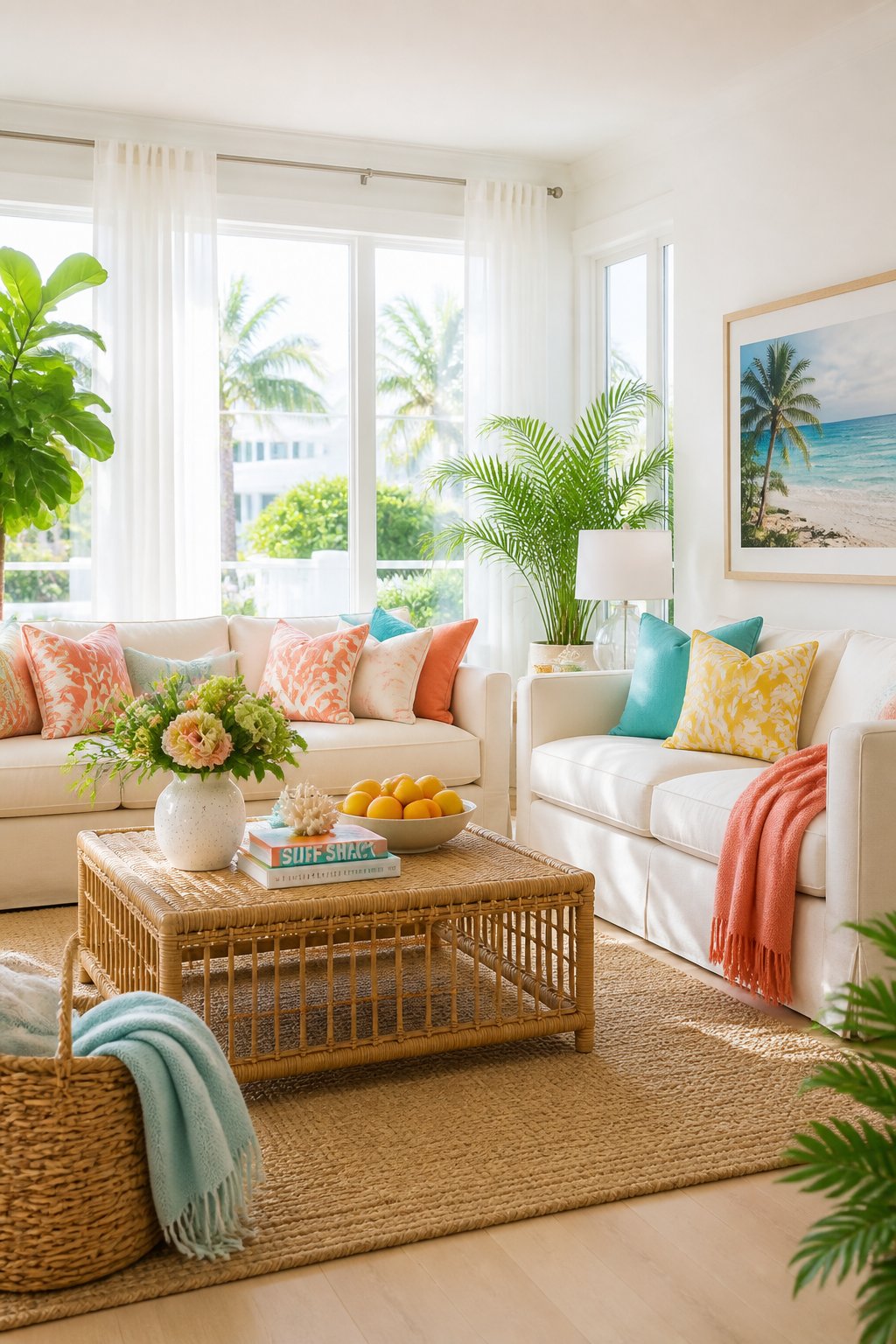 A bright living room with light sofas, colorful pillows, green plants, and natural sunlight coming through large windows.