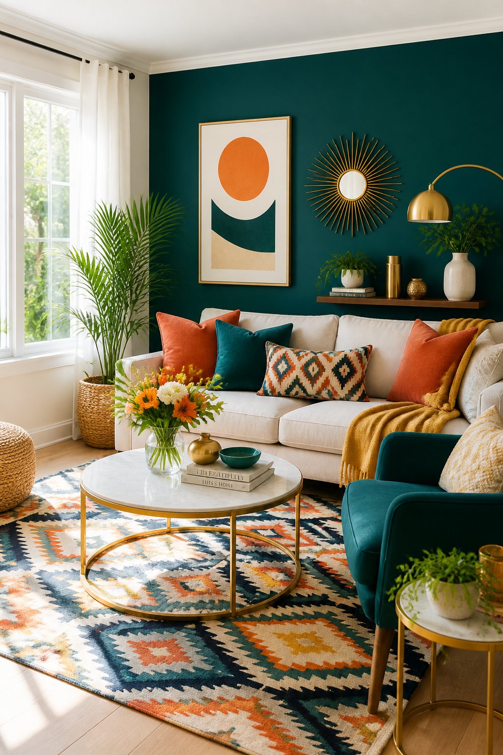 A modern living room with a bold accent wall, colorful pillows, plants, and bright natural light.