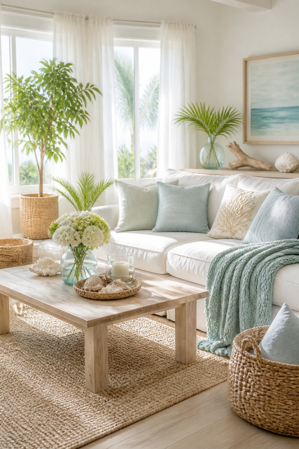 A sunlit living room with light-colored furniture, pastel cushions, indoor plants, and natural decorative accents.