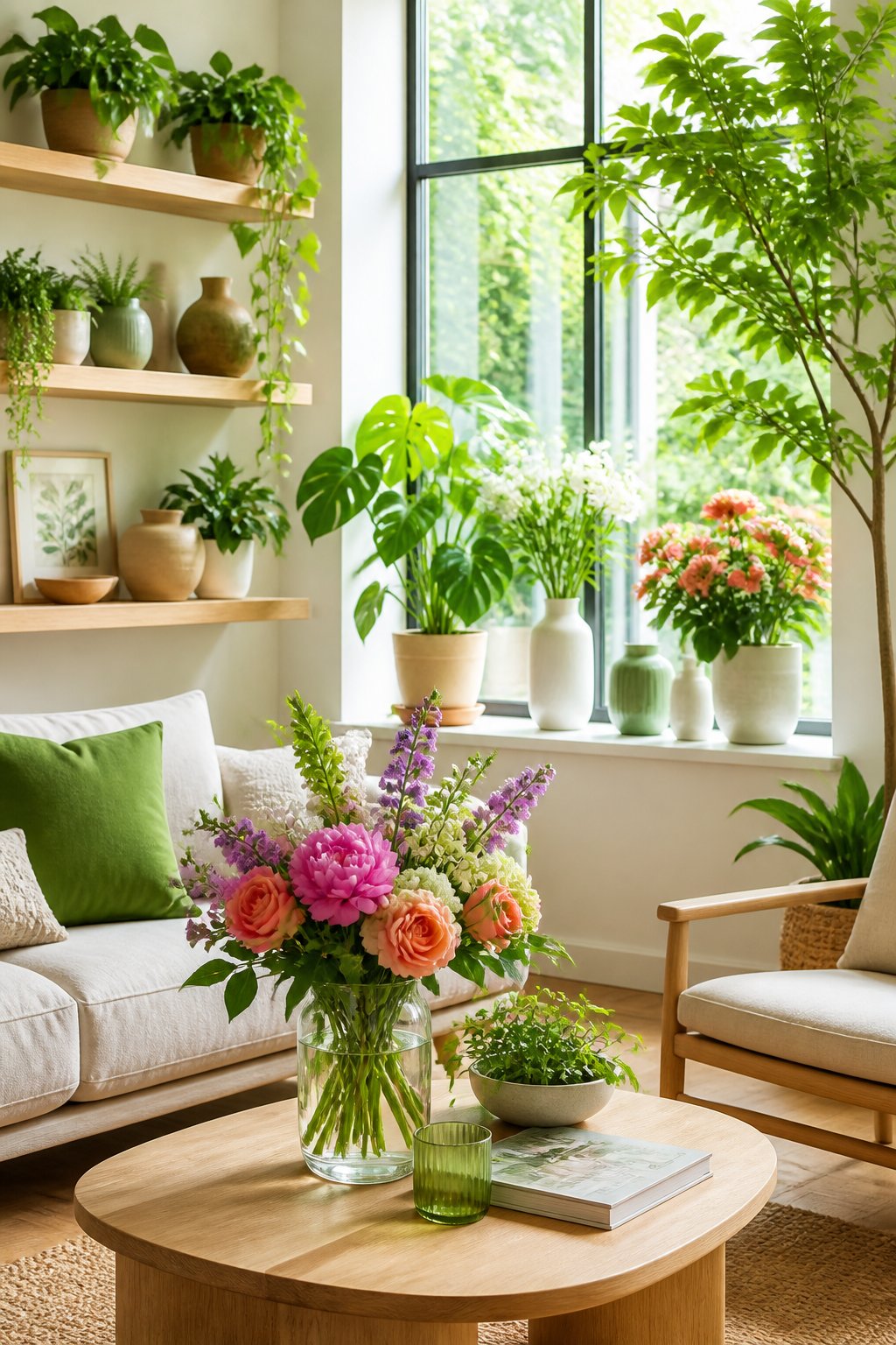 A bright room decorated with fresh flowers, green potted plants, and natural light coming through large windows.