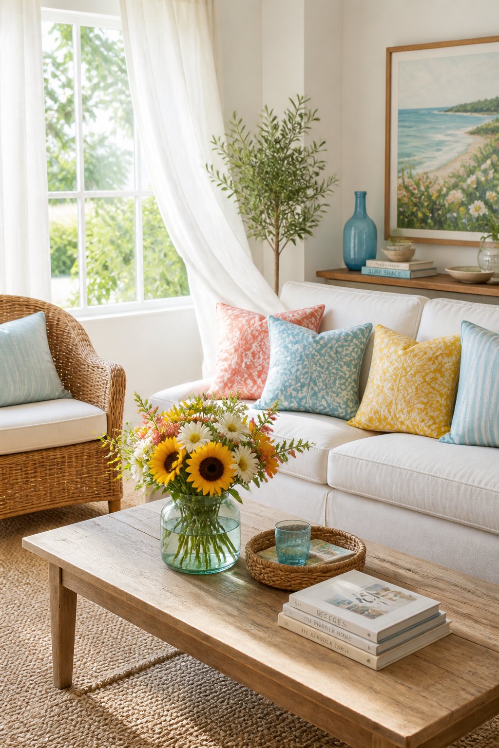 A sunlit living room with a sofa, colorful throw pillows, a rattan chair, and fresh flowers on a wooden table.