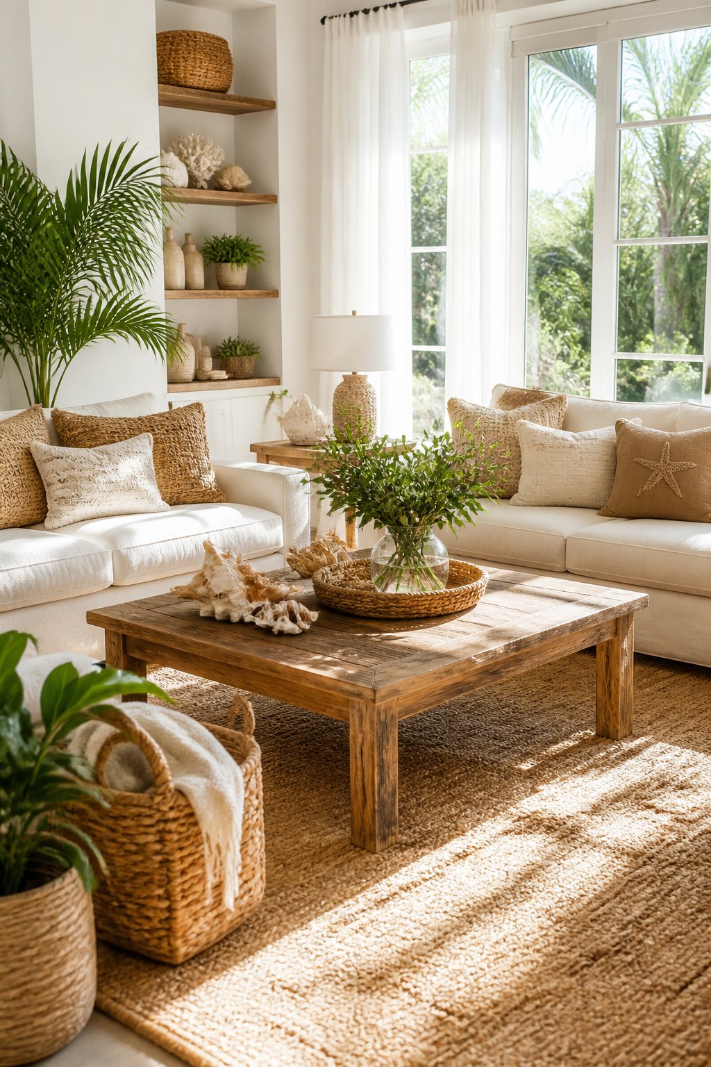 A sunlit living room with light sofas, woven pillows, a wooden coffee table with green plants, and natural fiber rug.