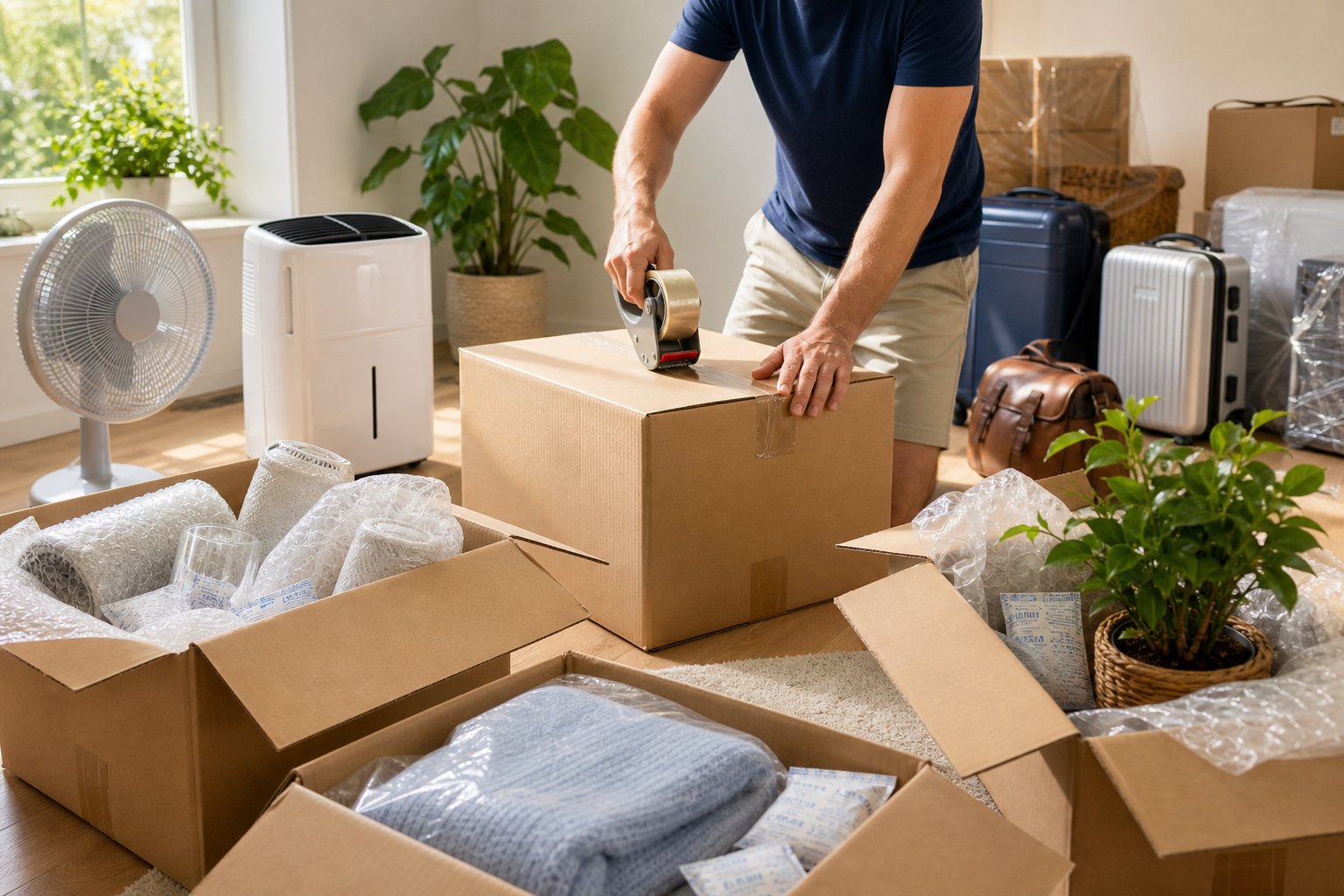 A person packing boxes with protective materials in a sunlit room, with a fan and dehumidifier nearby to control humidity during a summer move.