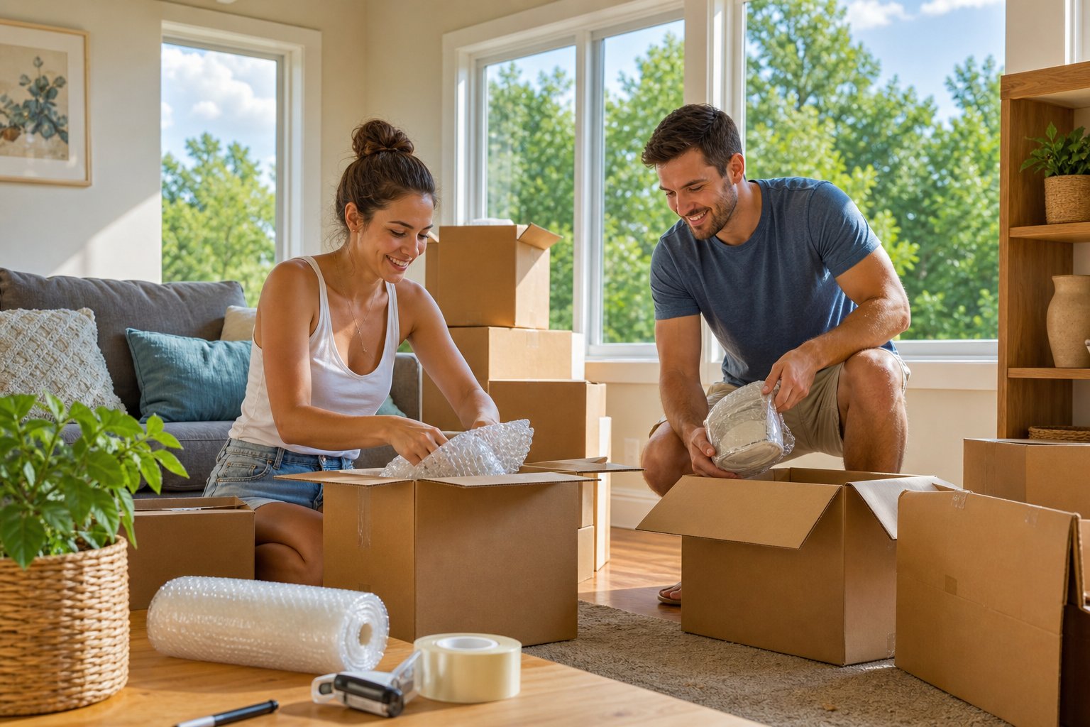 A couple packing boxes in a sunlit living room with green trees visible outside the window.