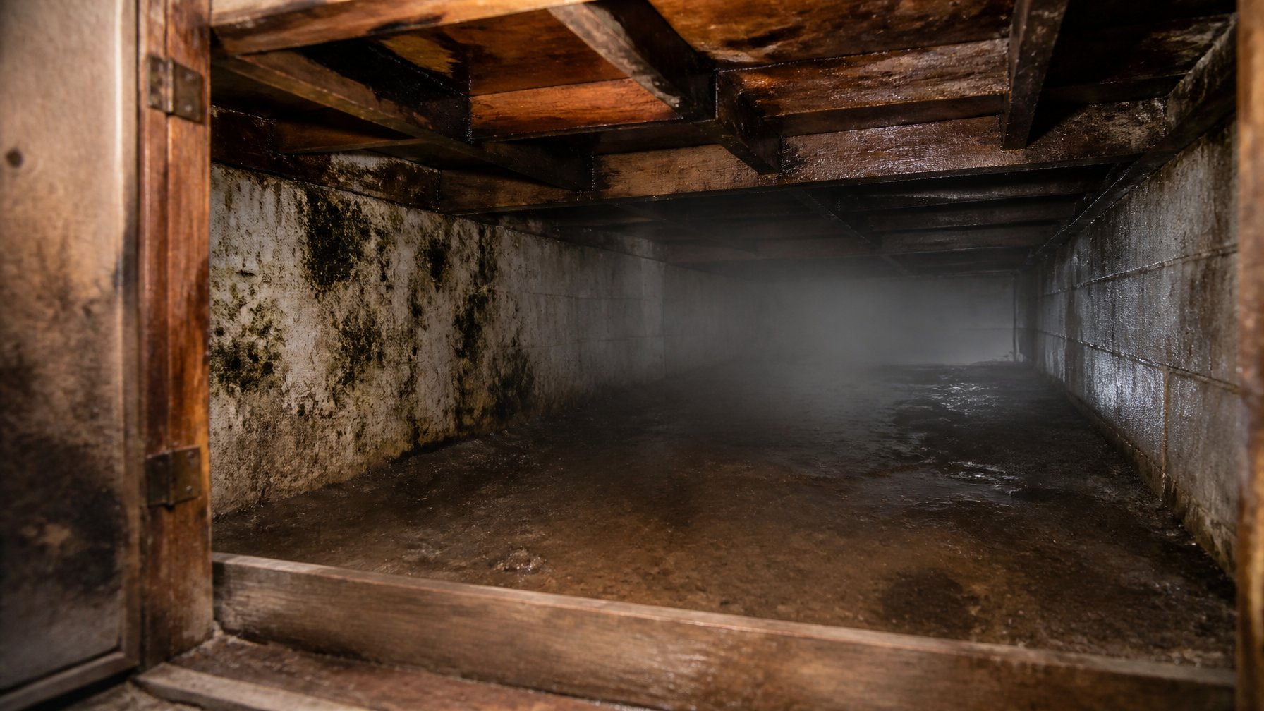 Open crawl space with damp wooden beams, mold on walls, and visible moisture near an access hatch.