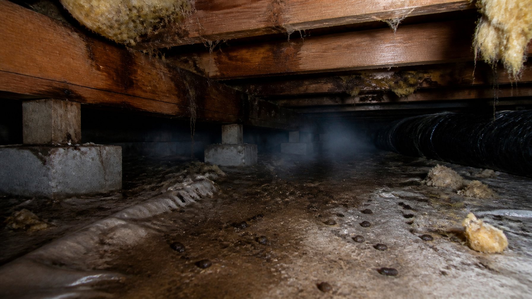 A dimly lit crawl space with wooden beams, rodent droppings on the floor, and moisture stains on wood surfaces.
