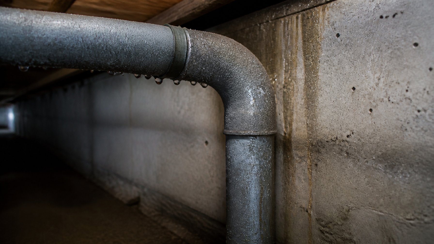 Close-up of condensation droplets on metal pipes and concrete foundation walls inside a crawl space.