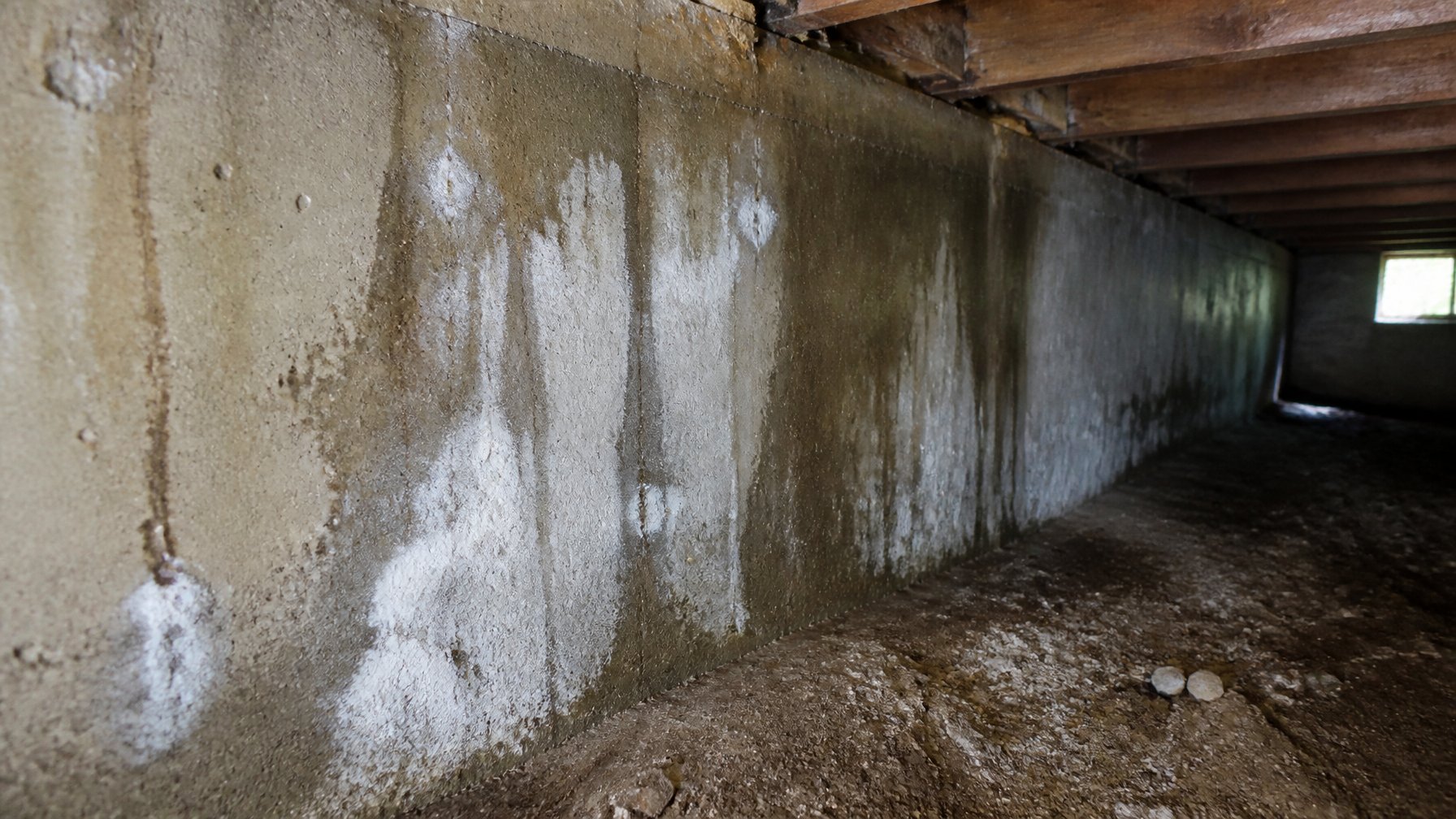 Close-up of a concrete foundation wall inside a crawl space with visible water stains and white mineral deposits.