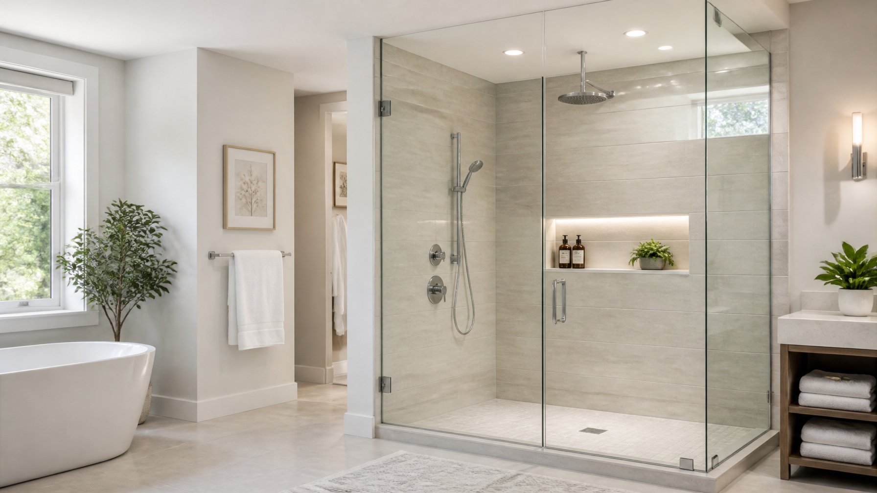 A spacious bathroom with a frameless glass shower enclosure featuring a pivot door and modern fixtures.