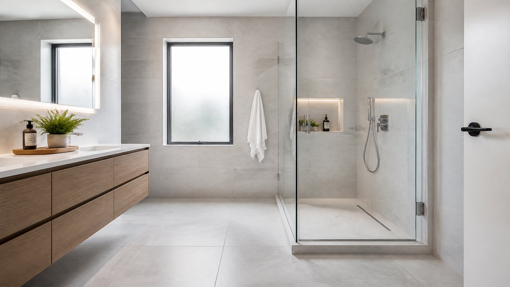 A spacious bathroom with floor-to-ceiling light gray porcelain tiles and a walk-in shower with clear glass doors.