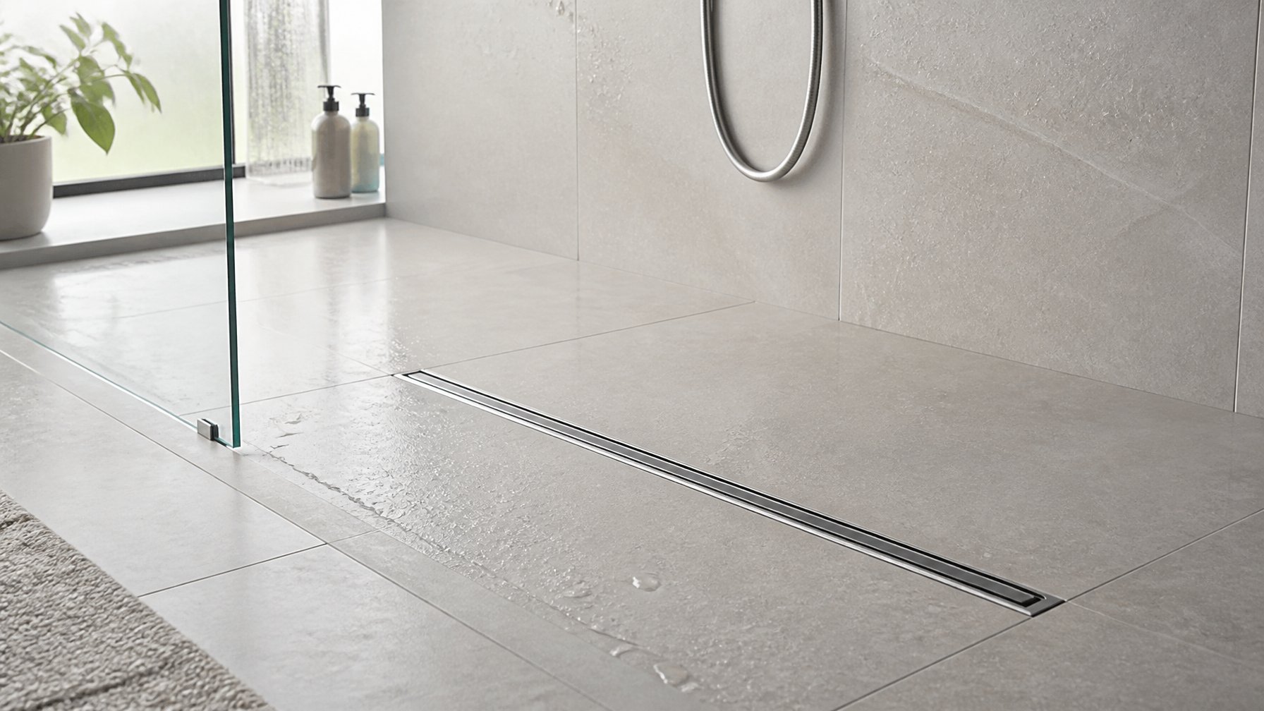 Shower threshold with a narrow linear drain in a modern bathroom featuring light-colored tiles and natural lighting.