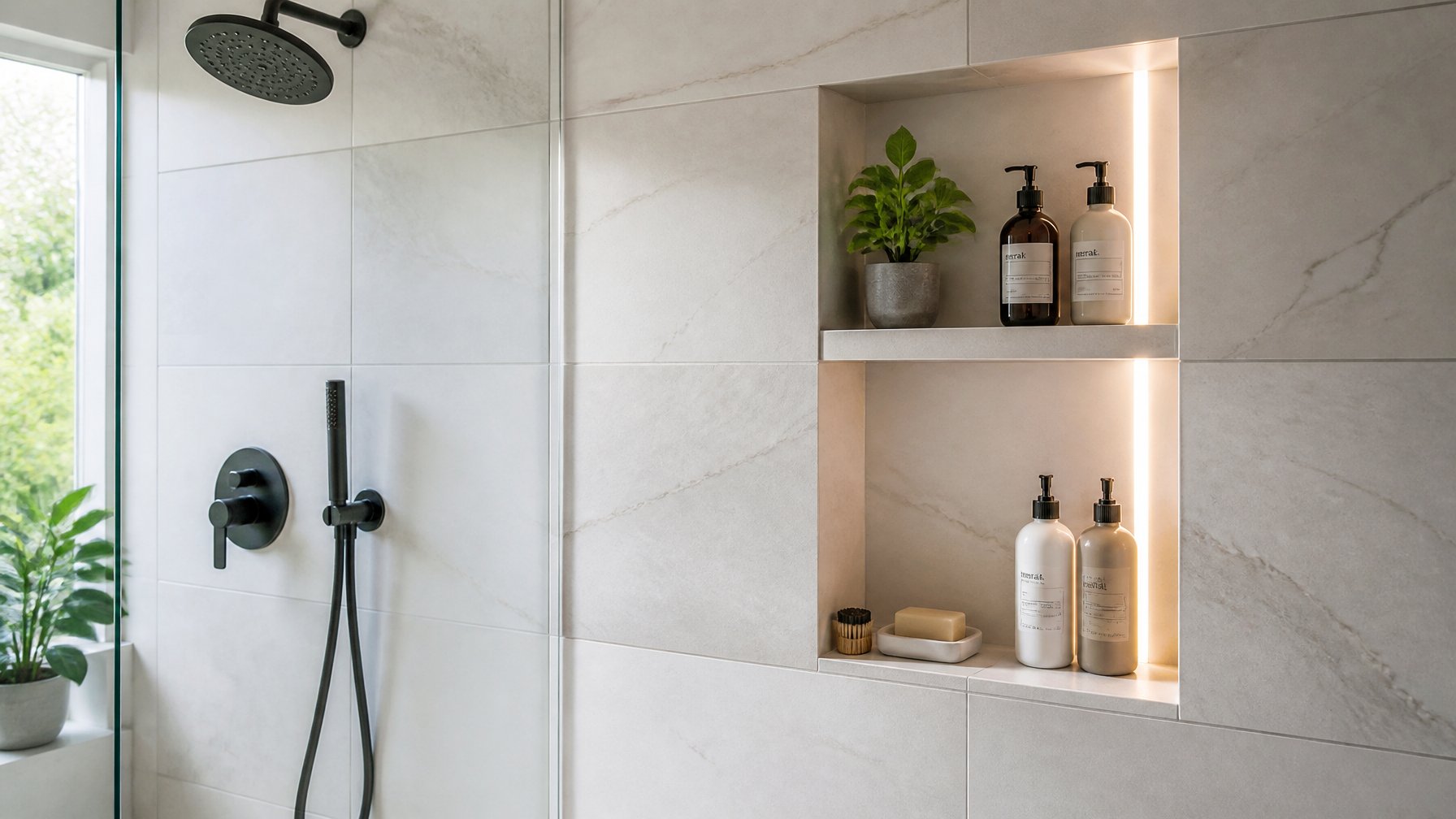 A bathroom shower with a recessed niche featuring vertical LED lighting and neatly arranged toiletries.