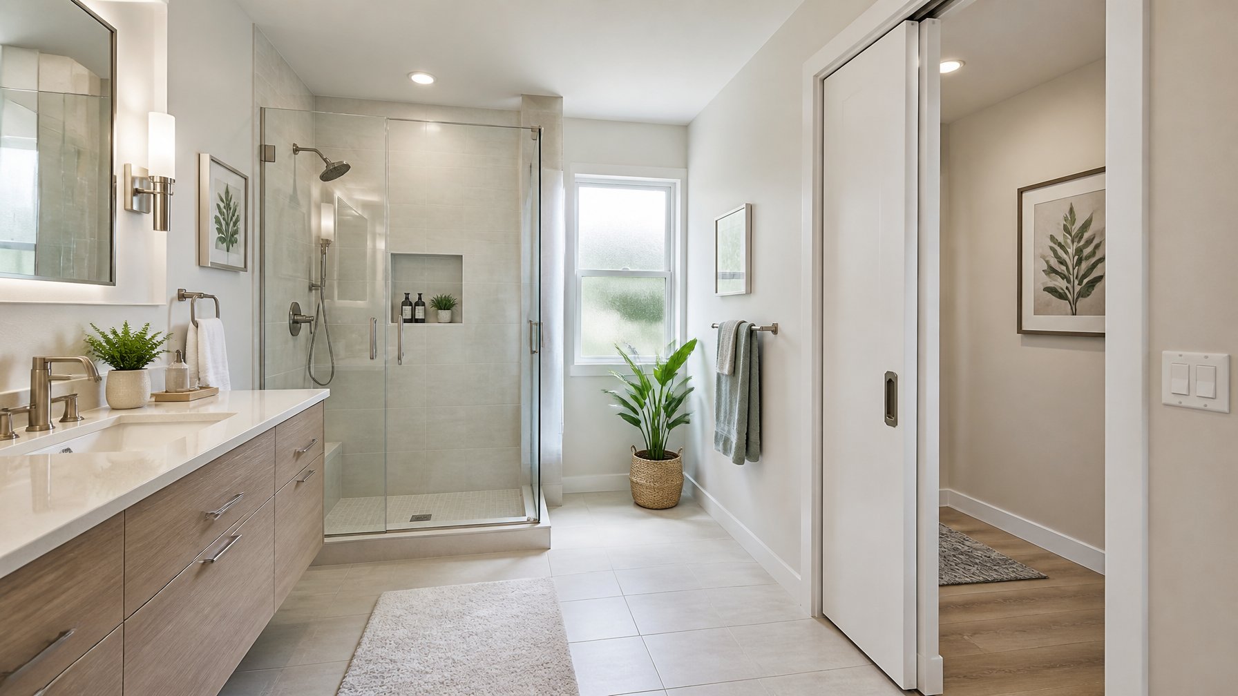 A modern bathroom with a pocket door partially open, showing a spacious shower area with glass doors and light-colored tiles.