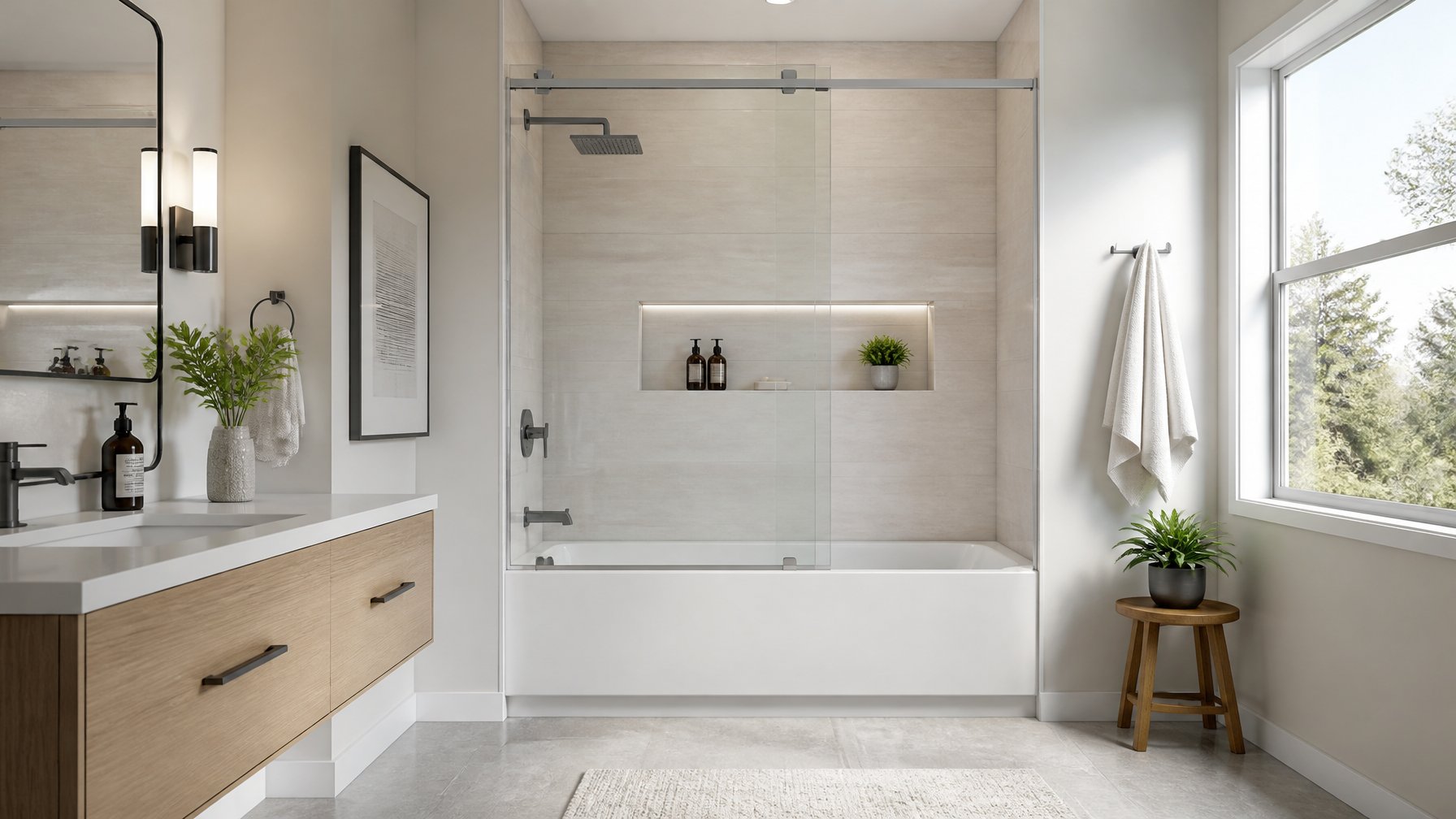 A bright bathroom with a clear glass bi-fold or sliding panel converting a tub into a shower, featuring modern fixtures and tiled walls.