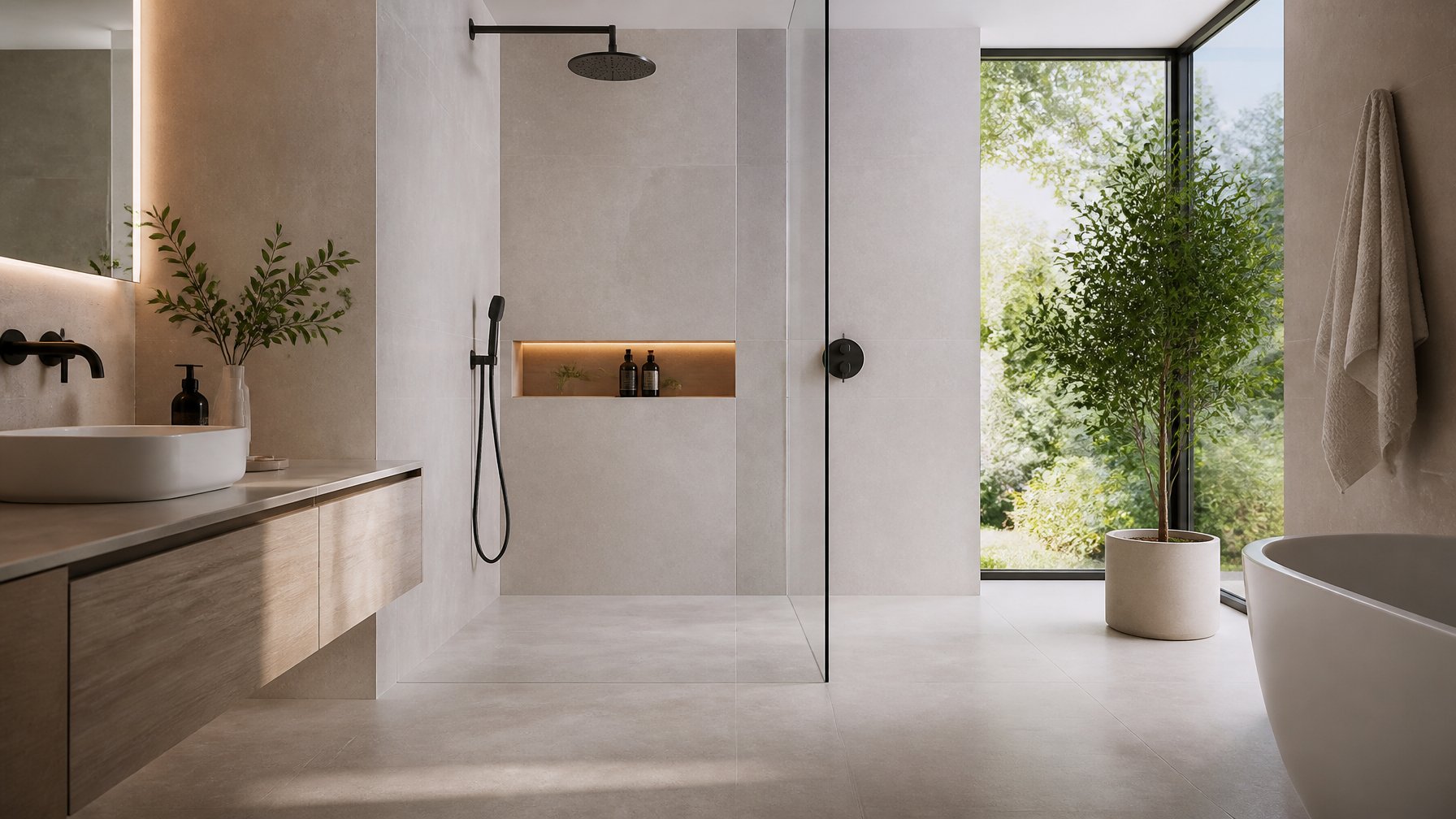 A modern bathroom with a curbless shower and a sloped wet-room floor, showing a seamless transition between the shower and the rest of the room.