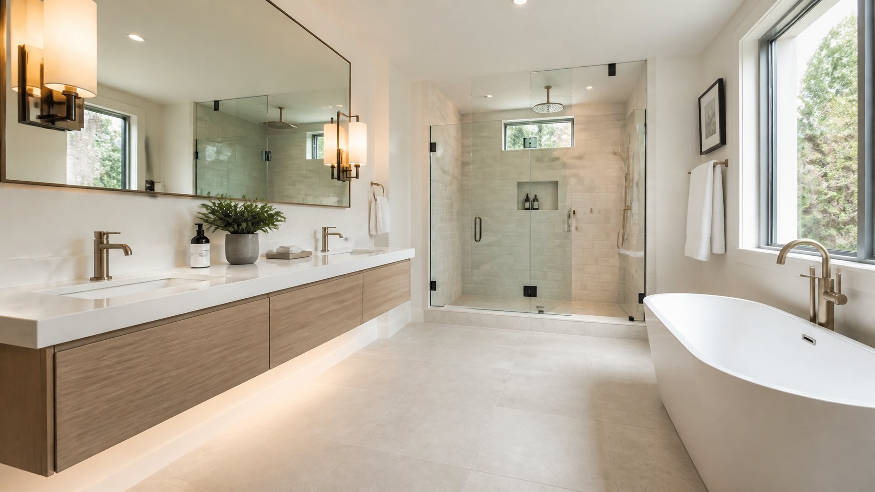 A bathroom with a wall-mounted floating vanity and a glass-enclosed shower, creating an open and spacious floor area.
