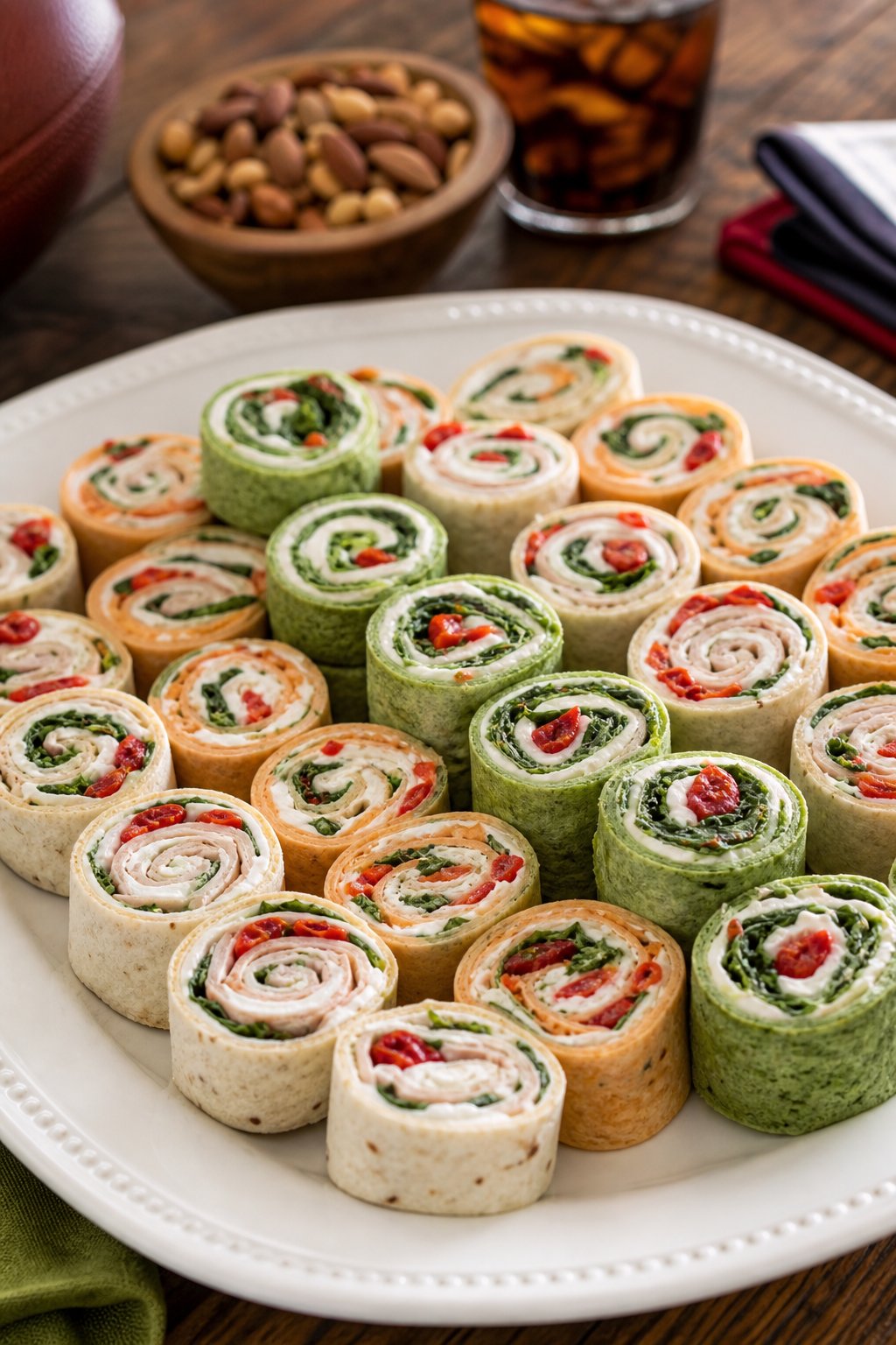 15 Pinwheel Appetizers for Game Day 2 A platter of colorful pinwheel appetizers in green spinach wraps and plain flour tortillas arranged on a wooden table with a casual game day setting in the background.