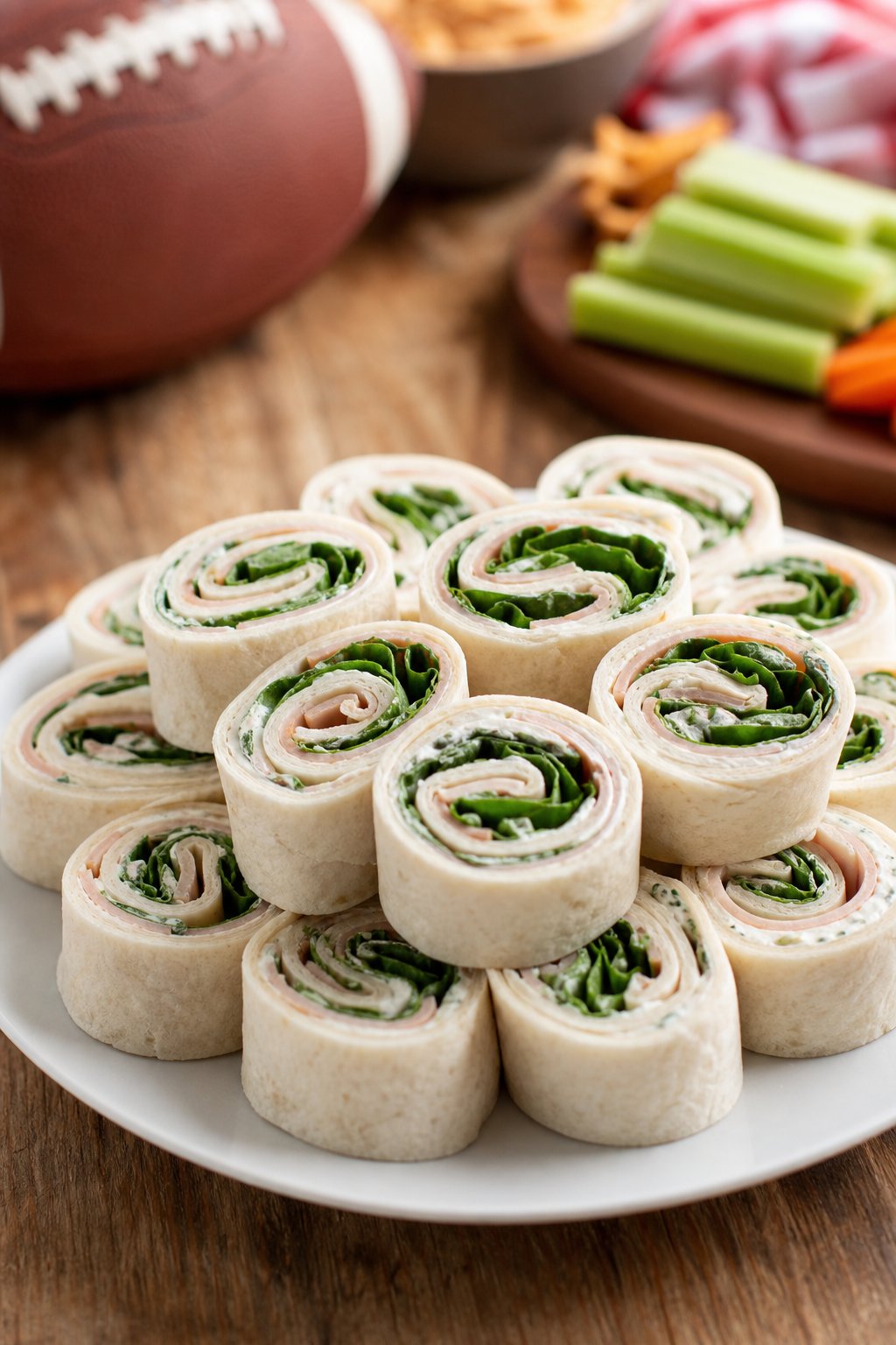 15 Pinwheel Appetizers for Game Day 3 A plate of turkey ranch pinwheel appetizers showing visible layers of green spinach, shredded cheddar, and deli turkey inside sliced flour tortilla rolls.