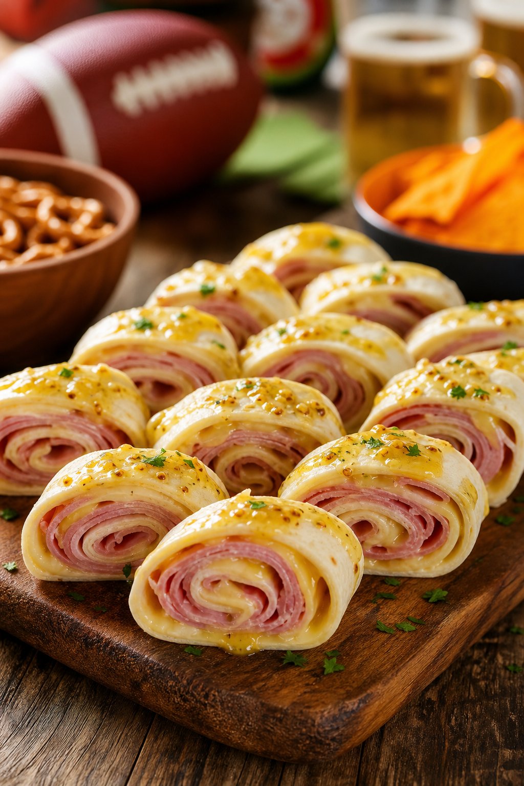 15 Pinwheel Appetizers for Game Day 4 A platter of ham, Swiss cheese, and honey mustard pinwheel appetizers showing pale yellow cheese and pink ham layers inside sliced flour tortilla rolls on a wooden board.