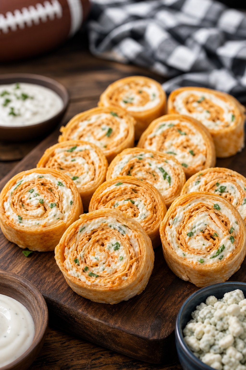 15 Pinwheel Appetizers for Game Day 5 Buffalo chicken cream cheese pinwheels arranged on a wooden board showing orange-tinted filling with visible green onions, alongside small bowls of dipping sauces.