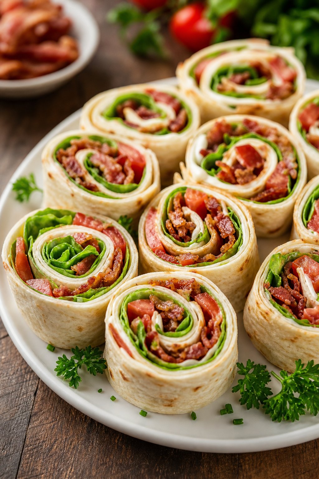 15 Pinwheel Appetizers for Game Day 7 Plate of BLT pinwheel appetizers showing distinct layers of chopped crispy bacon, shredded romaine, and diced tomato inside sliced flour tortilla rolls on a wooden table.