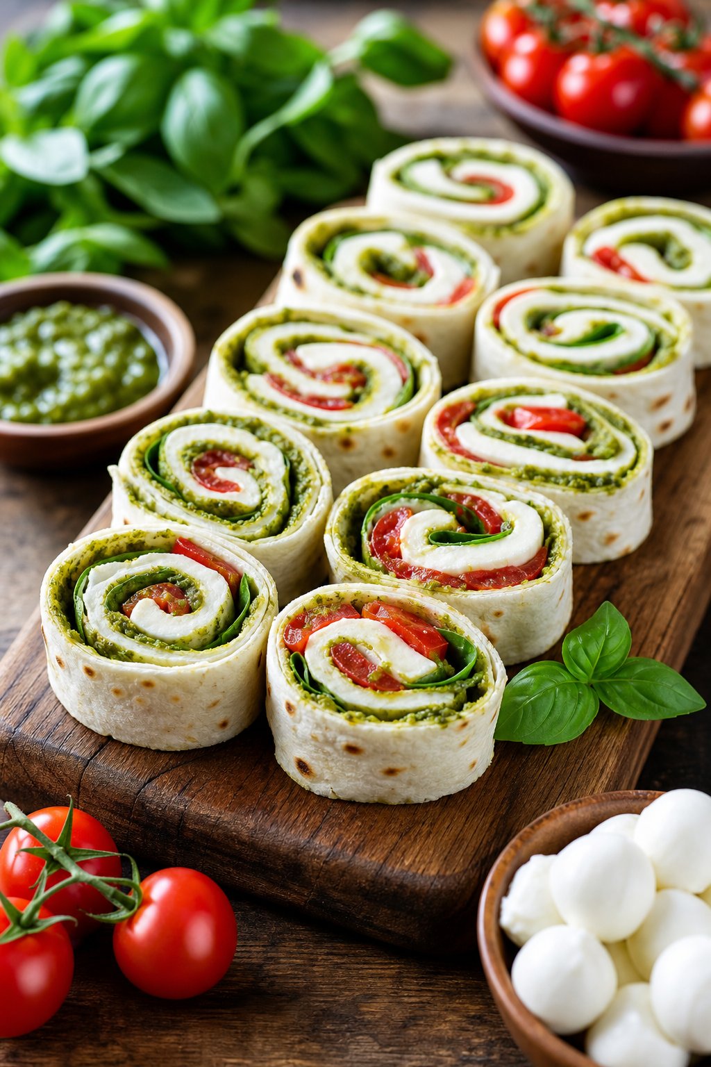 15 Pinwheel Appetizers for Game Day 8 A plate of Caprese pinwheel appetizers showing bright green pesto cream filling, white mozzarella slices, and red tomato inside sliced flour tortilla rolls, surrounded by fresh basil and cherry tomatoes on a wooden board.