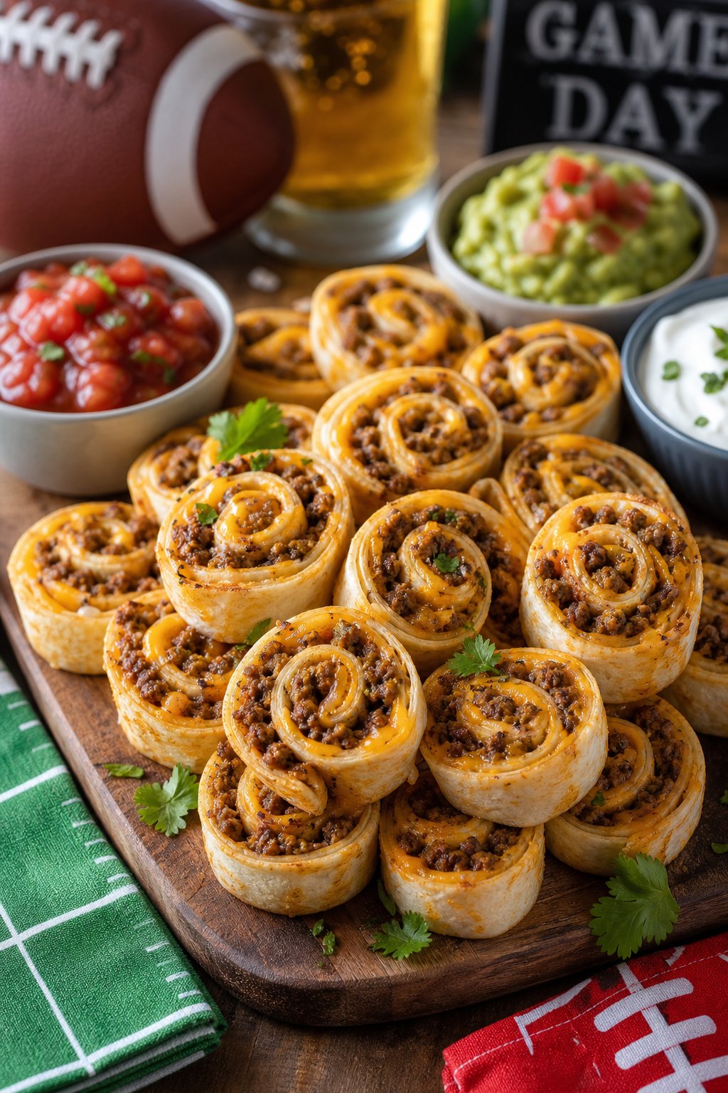 15 Pinwheel Appetizers for Game Day 9 A platter of taco-seasoned beef and cheddar pinwheel appetizers showing seasoned ground beef and melted orange cheddar filling inside sliced flour tortilla rolls, with small dipping sauce bowls on a wooden board.