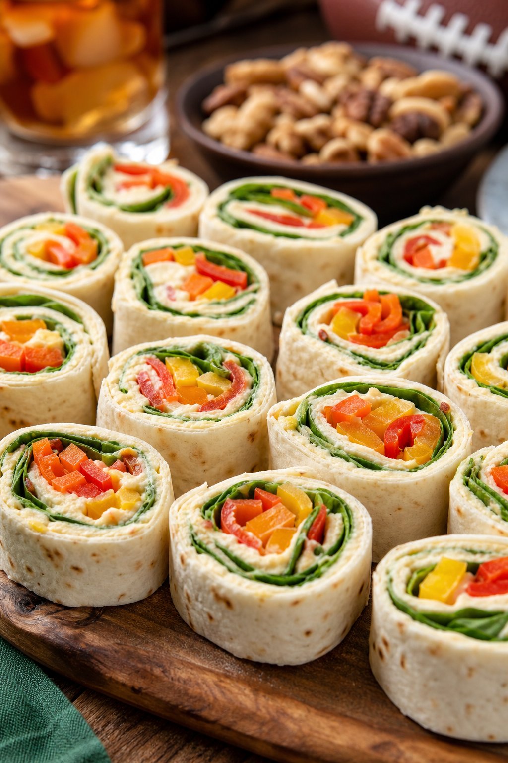 15 Pinwheel Appetizers for Game Day 10 Plate of colorful veggie hummus pinwheels showing bright red and yellow bell pepper strips, shredded orange carrot, and green spinach inside sliced flour tortilla rolls on a wooden board.