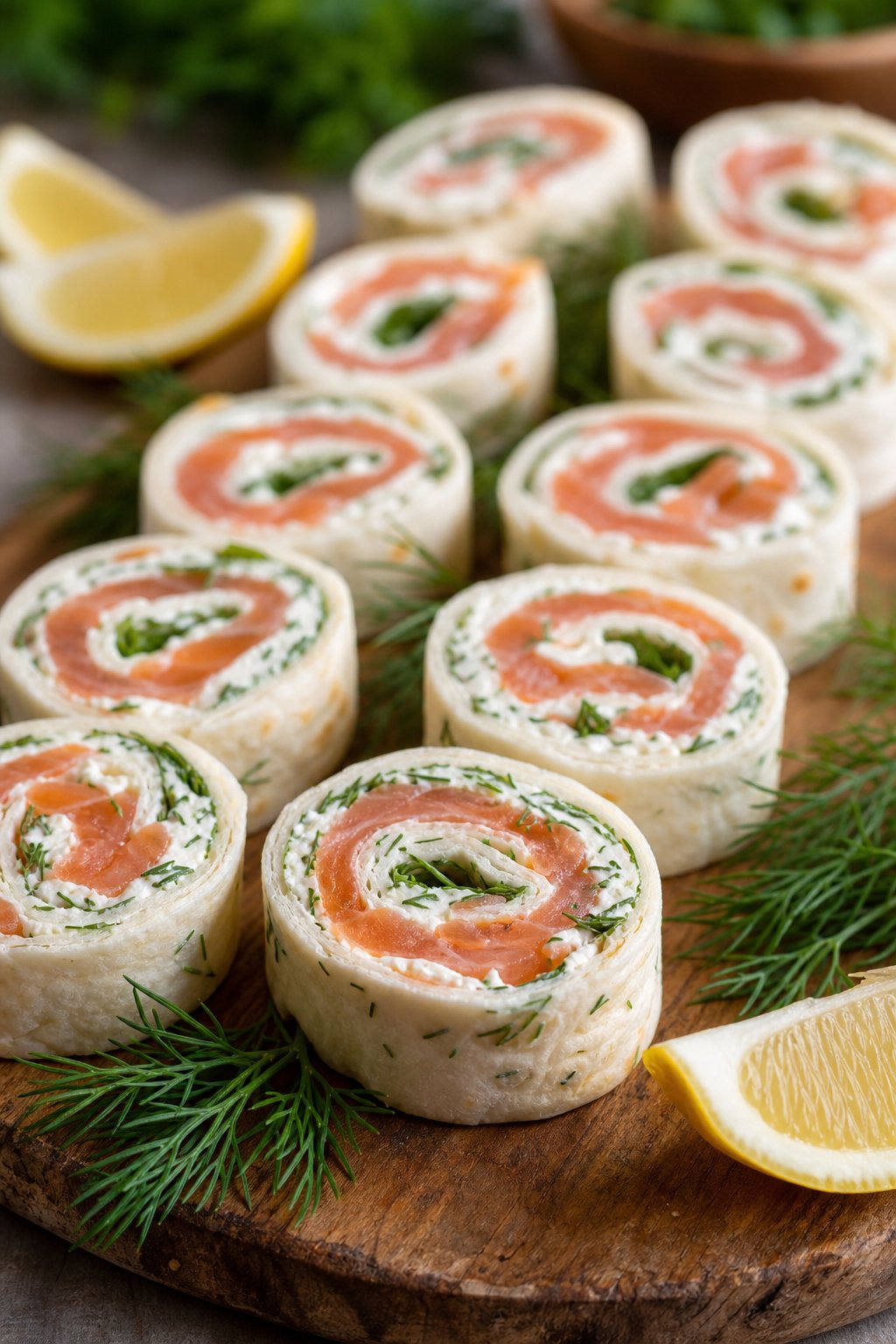 15 Pinwheel Appetizers for Game Day 11 Close-up of smoked salmon dill cream cheese pinwheels on a wooden board showing pale pink salmon slices and thin cucumber rounds inside rolled tortillas, with fresh dill sprigs and lemon wedges alongside.