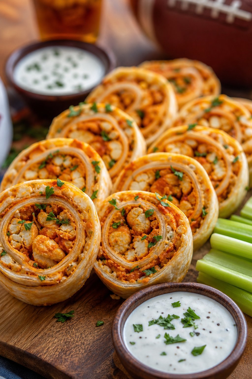15 Pinwheel Appetizers for Game Day 13 Close-up of buffalo cauliflower vegan pinwheels on a wooden board showing orange-sauced crispy cauliflower florets and shredded romaine inside spinach-tomato wrap tortillas, with a small dipping sauce bowl and celery sticks.
