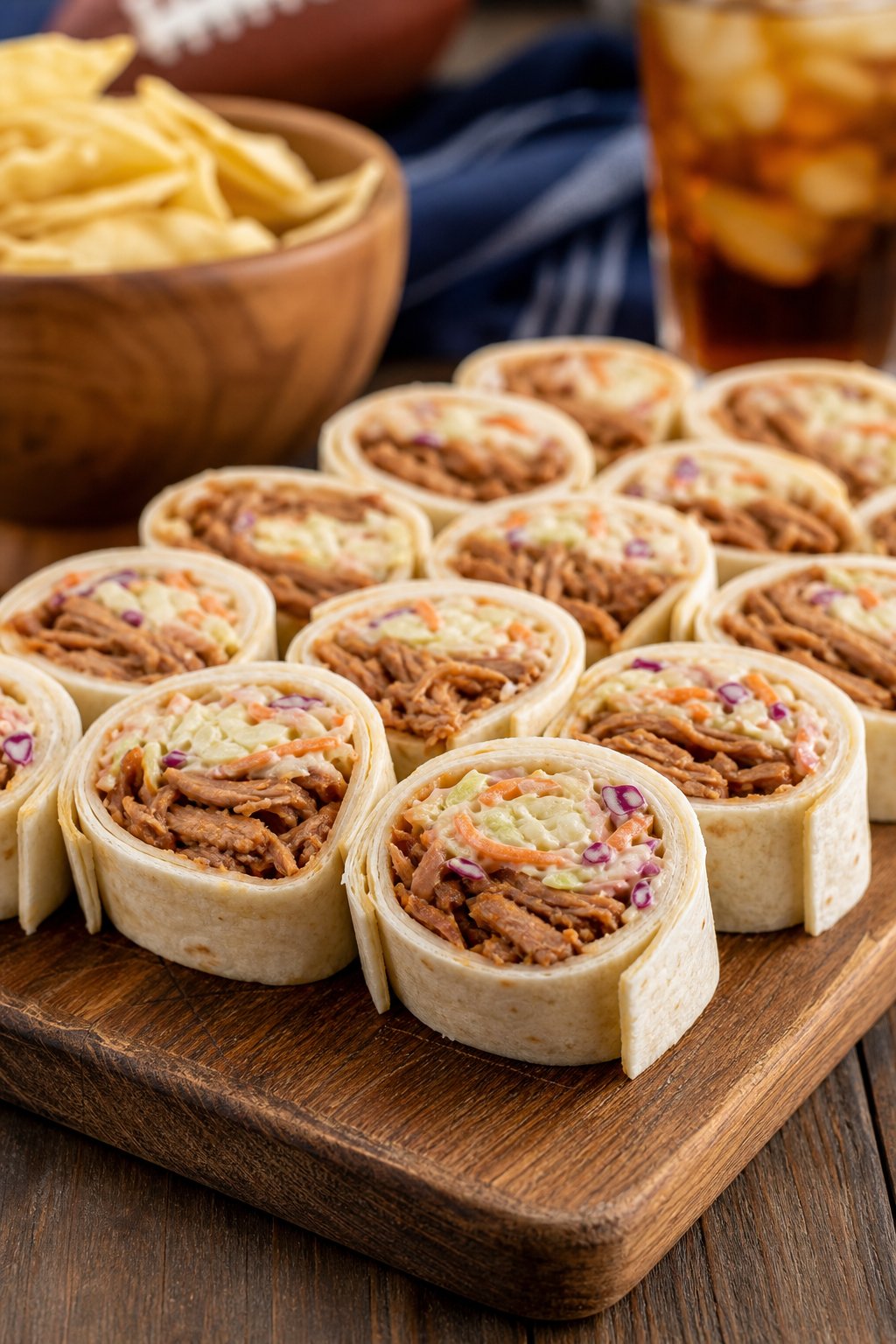 15 Pinwheel Appetizers for Game Day 14 Plate of BBQ pulled pork and coleslaw pinwheel appetizers showing dark smoky pulled pork and pale shredded coleslaw inside sliced flour tortilla rolls on a wooden serving board.