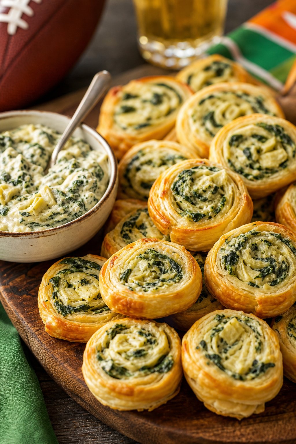 15 Pinwheel Appetizers for Game Day 15 Close-up of spinach artichoke dip pinwheels on a wooden board showing golden-edged puff pastry swirls filled with creamy green and white filling, with a bowl of dip and game day items visible in the background.