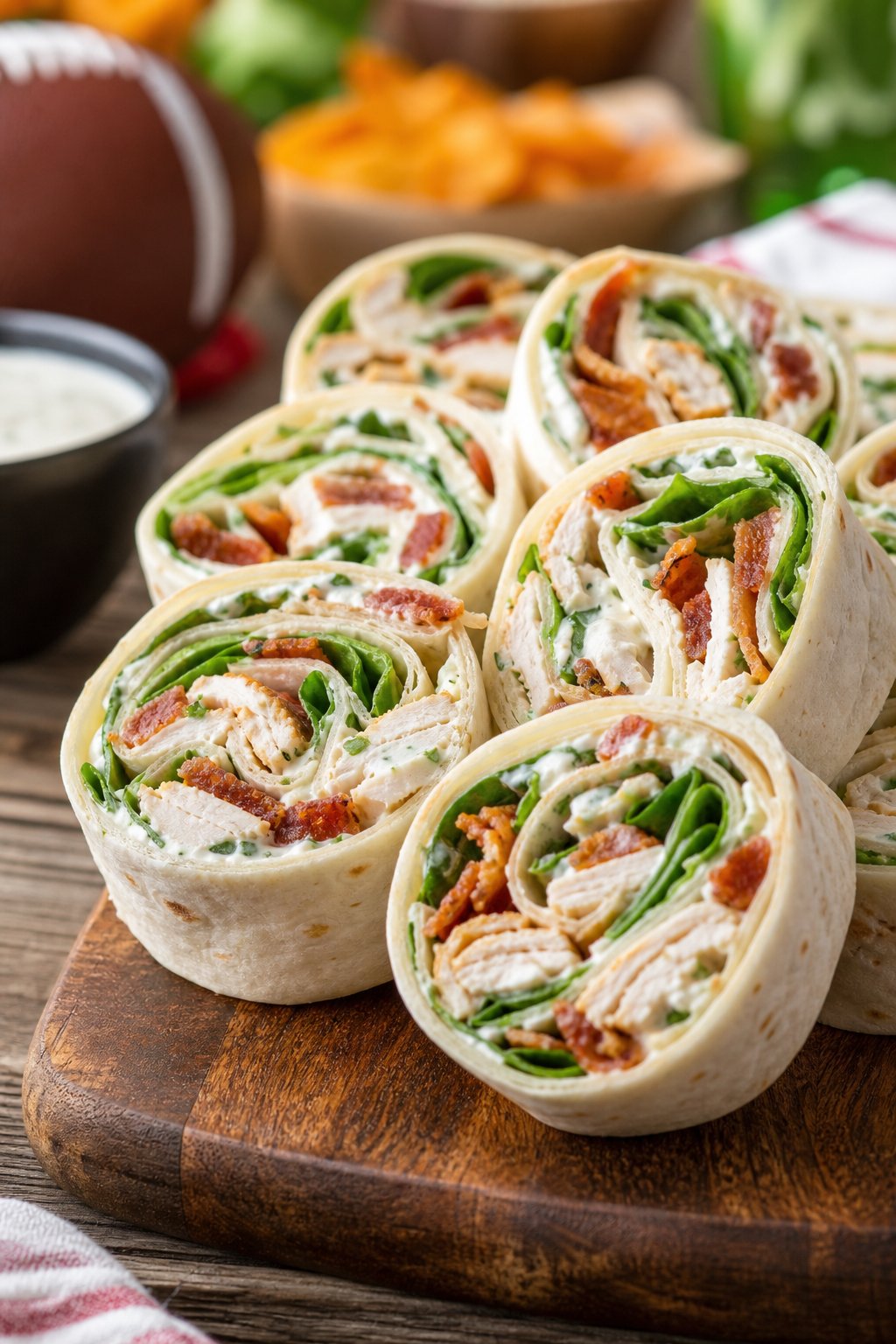 15 Pinwheel Appetizers for Game Day 16 Close-up of sliced chicken bacon ranch pinwheels arranged on a wooden board showing shredded chicken, chopped bacon, and cheddar in a creamy ranch filling, with a small dipping sauce bowl in the background.