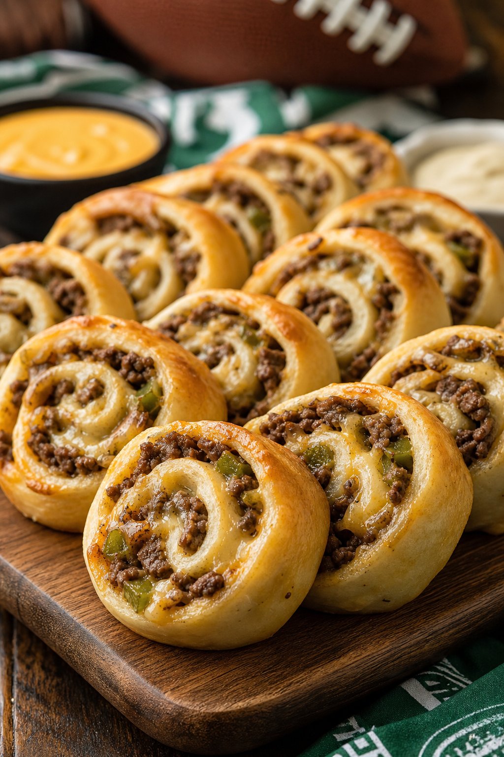 15 Pinwheel Appetizers for Game Day 17 A wooden board with several Philly cheesesteak pinwheels showing thinly sliced beef, melted provolone, and caramelized onions inside flour tortilla rolls, with small dipping sauce bowls and game day items in the background.