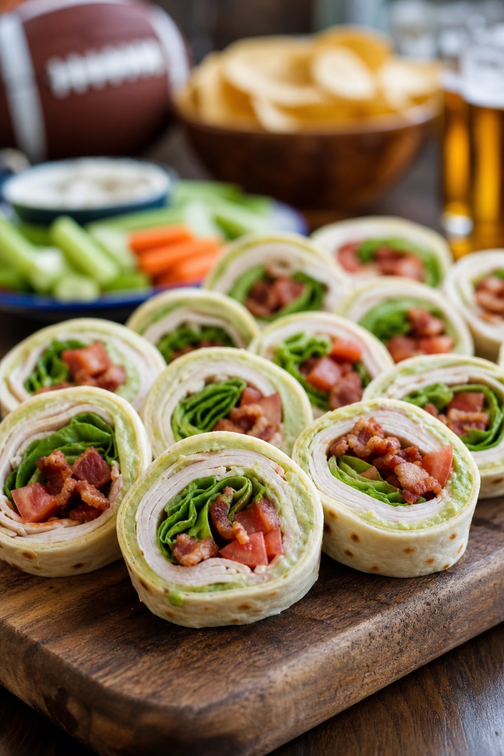 15 Pinwheel Appetizers for Game Day 18 A plate of sliced creamy avocado turkey BLT pinwheel appetizers on a wooden board showing pale green avocado cream cheese filling with deli turkey, chopped bacon, and shredded lettuce layers, in a casual game day setting.