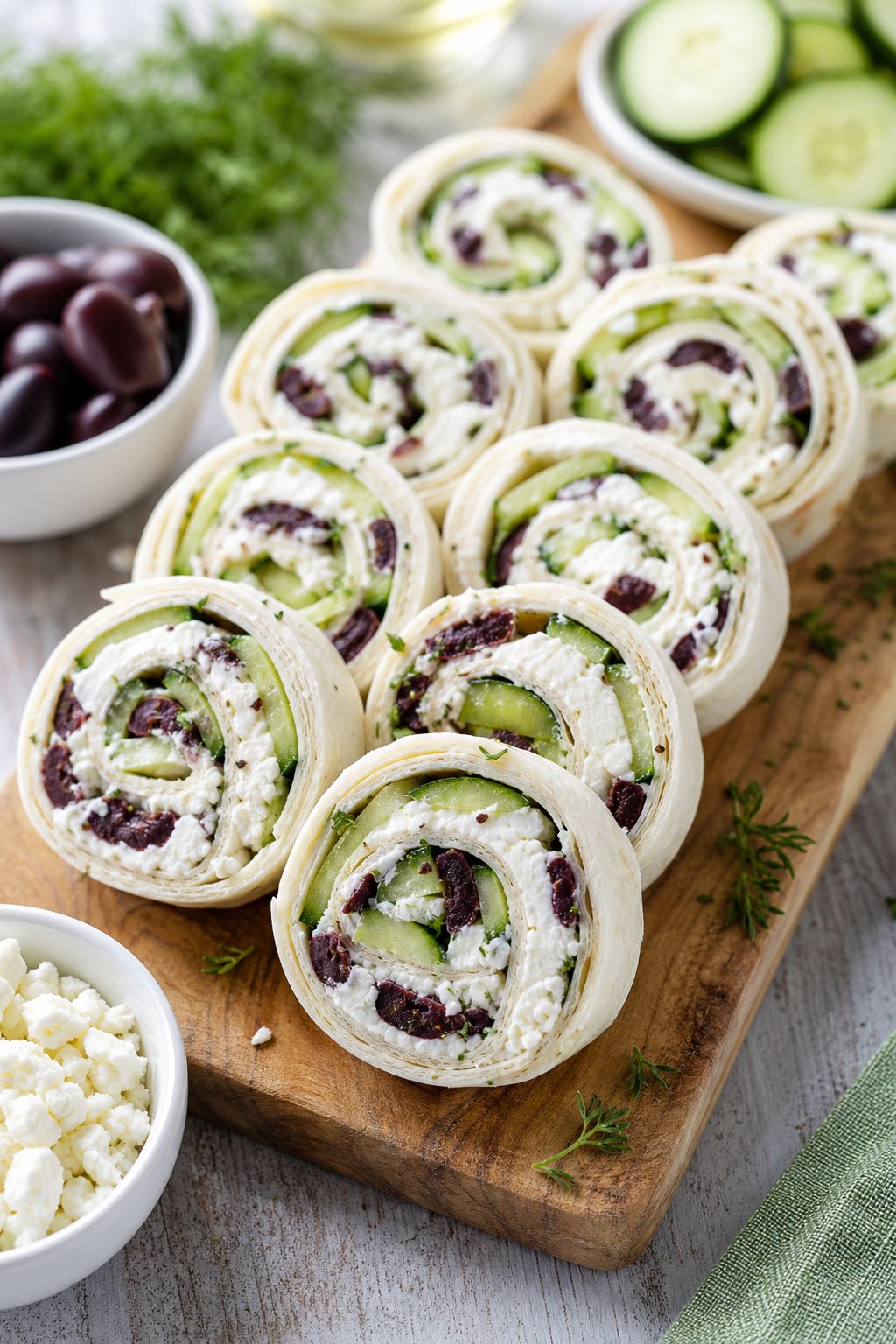 15 Pinwheel Appetizers for Game Day 19 Plate of Greek feta, cucumber, and olive pinwheel appetizers on a wooden serving board showing white crumbled feta, thin cucumber rounds, and dark kalamata olives inside sliced flour tortilla rolls, with small bowls of olives and feta nearby.