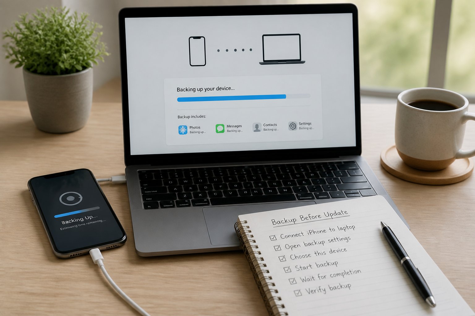 A smartphone connected to a laptop on a desk with a notebook and pen nearby, showing a calm workspace for backing up a device.