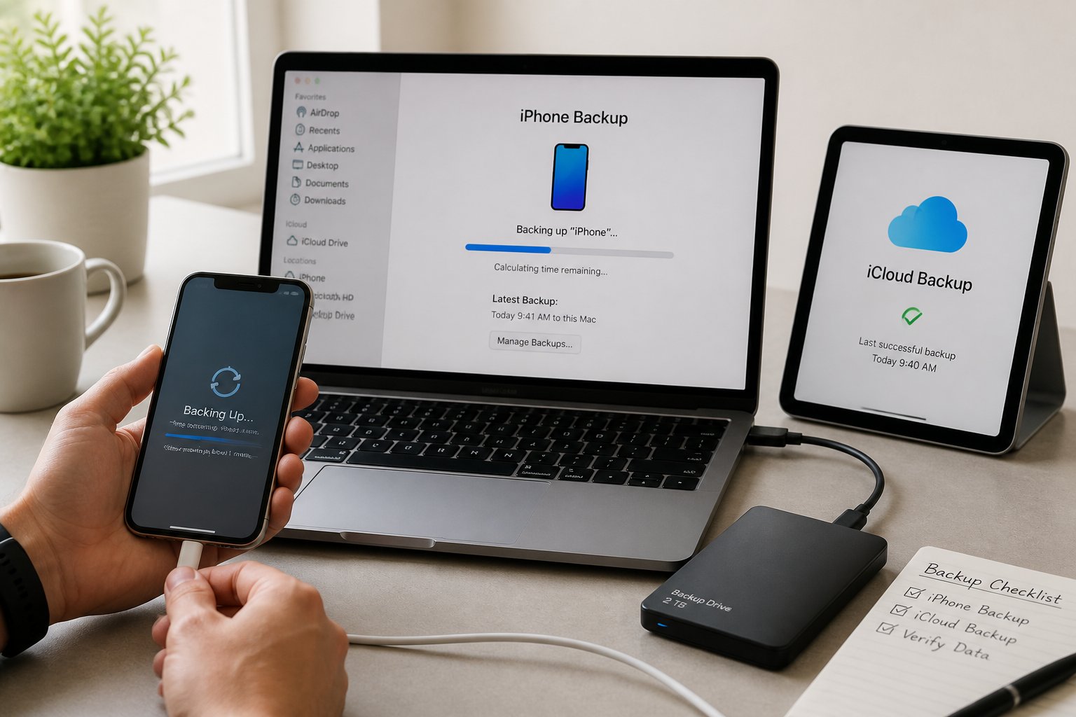 Hands connecting a smartphone to a laptop with an external hard drive and tablet nearby, illustrating device backup options.
