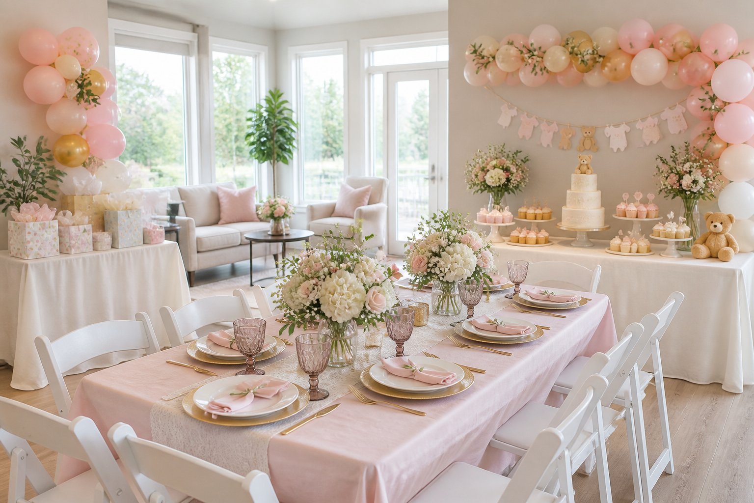 A decorated indoor baby shower setup with balloons, flowers, a gift table, and desserts in a bright room.