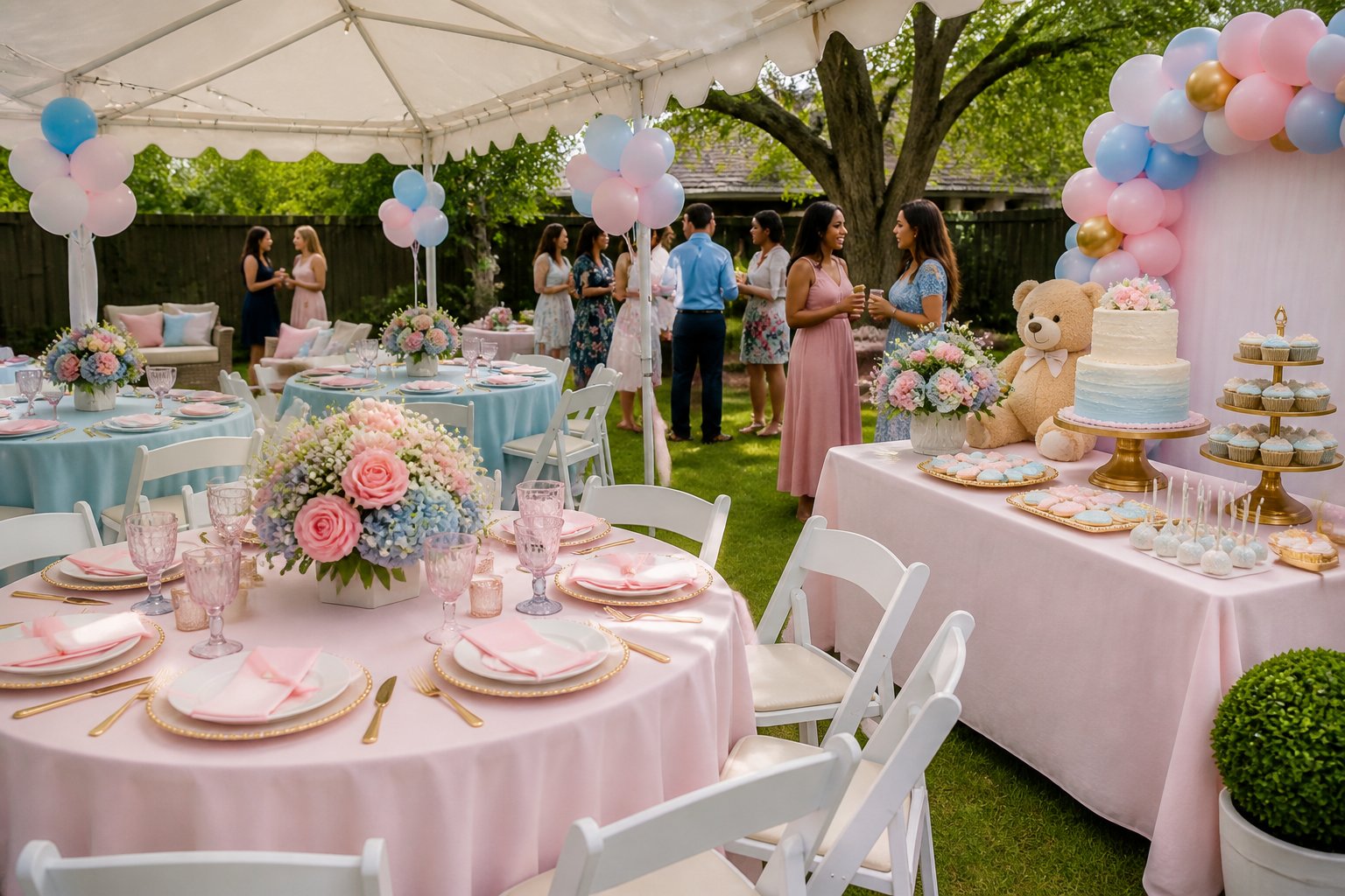 Outdoor baby shower setup with decorated tables, chairs, canopy tent, floral centerpieces, and a dessert table with cupcakes and cake, with guests socializing in the background.