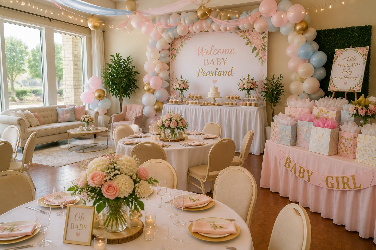 Indoor baby shower setup with pastel balloons, floral centerpieces, decorated tables, and cozy seating.