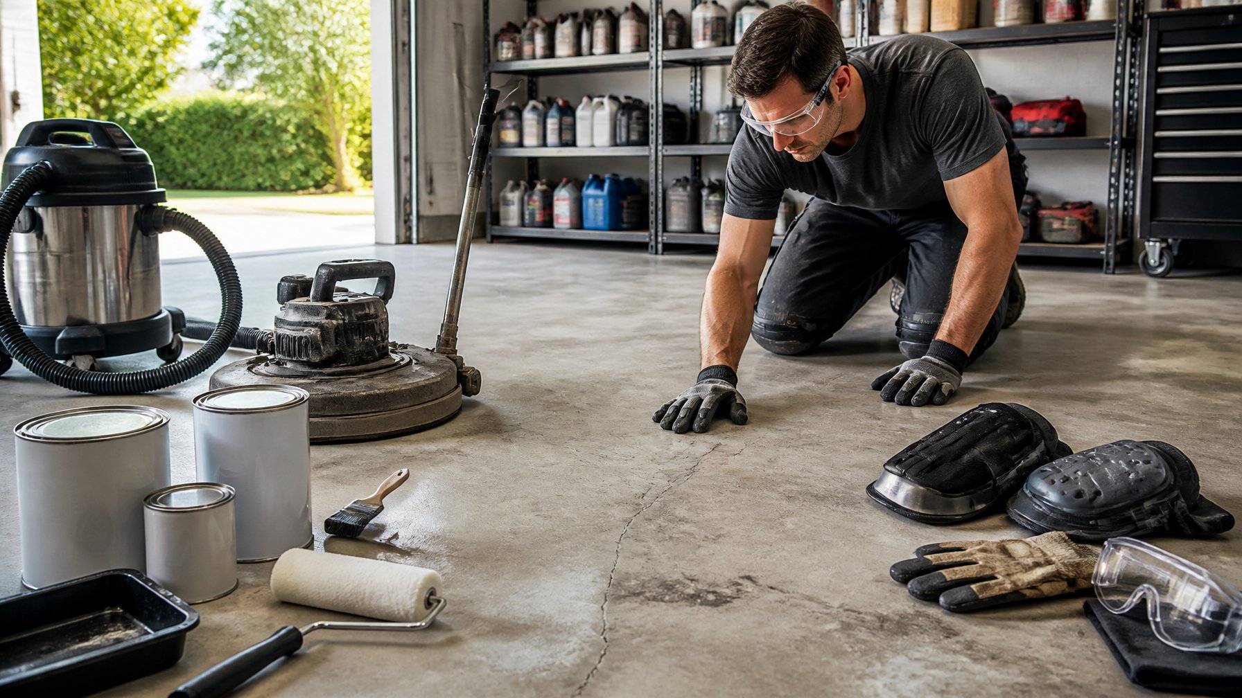 A worker inspecting a clean concrete garage floor with floor preparation tools and supplies arranged nearby in a well-lit garage.