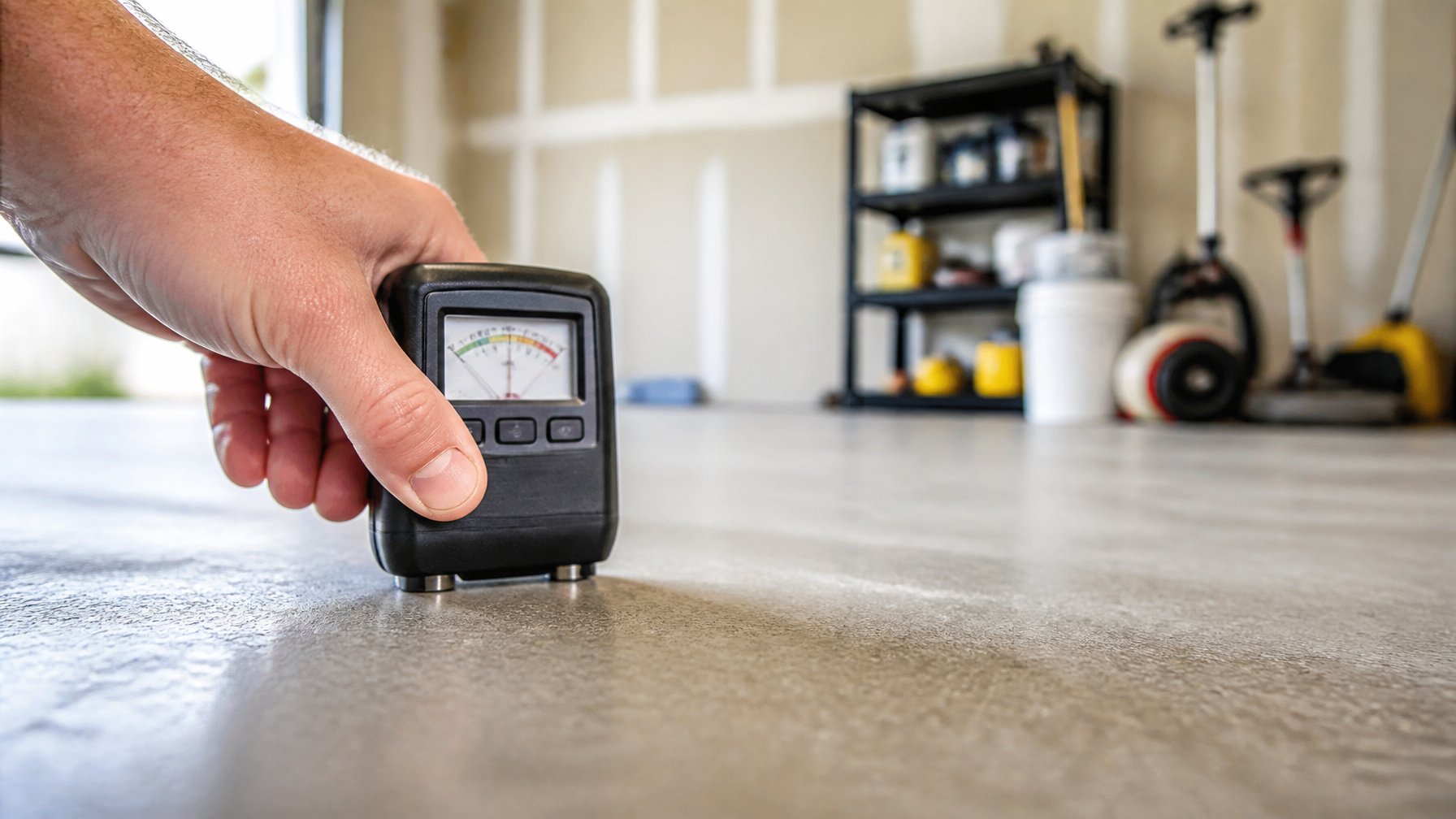 Close-up of a person using a moisture meter on a concrete garage floor inside a well-lit garage.