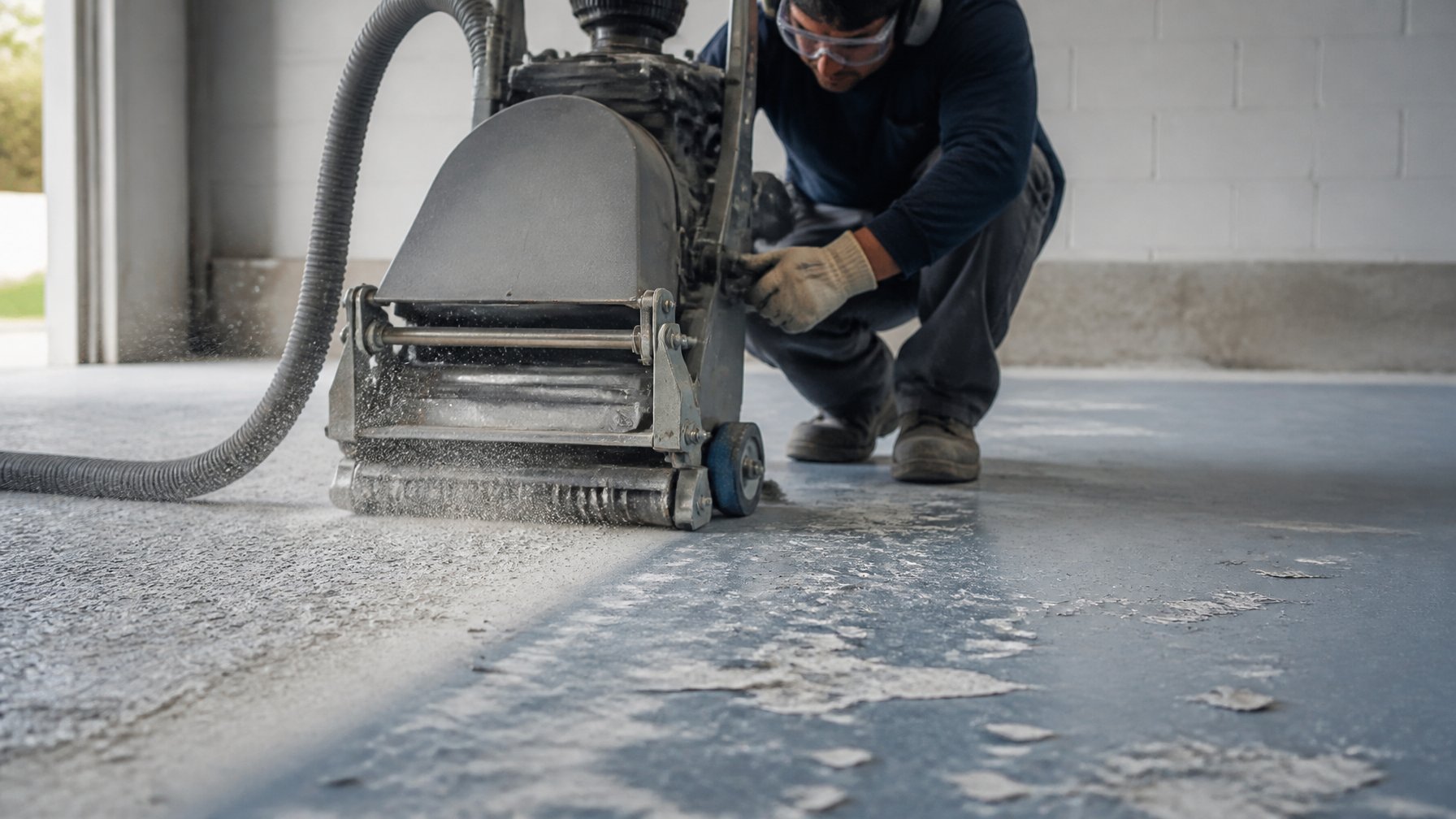 A worker using a shot blasting machine to prepare an old epoxy garage floor in a workshop.