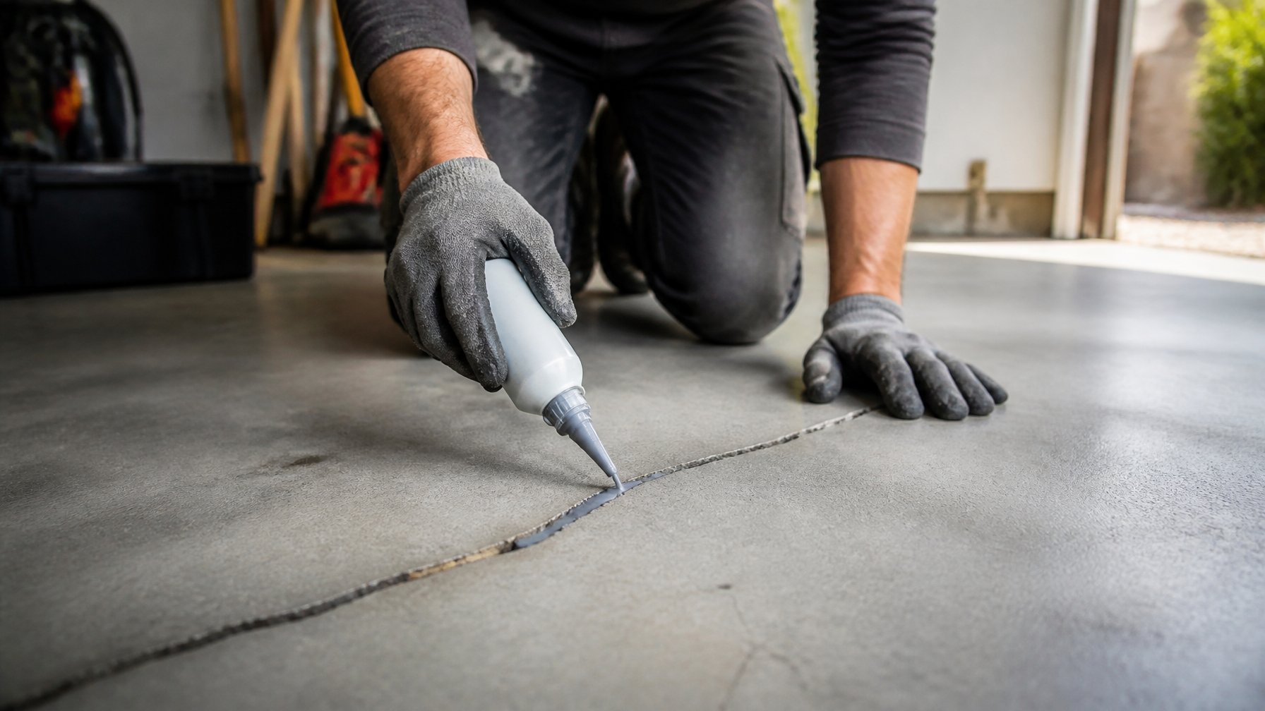 Close-up of a person repairing hairline cracks on a concrete garage floor using a repair product while wearing protective gloves.