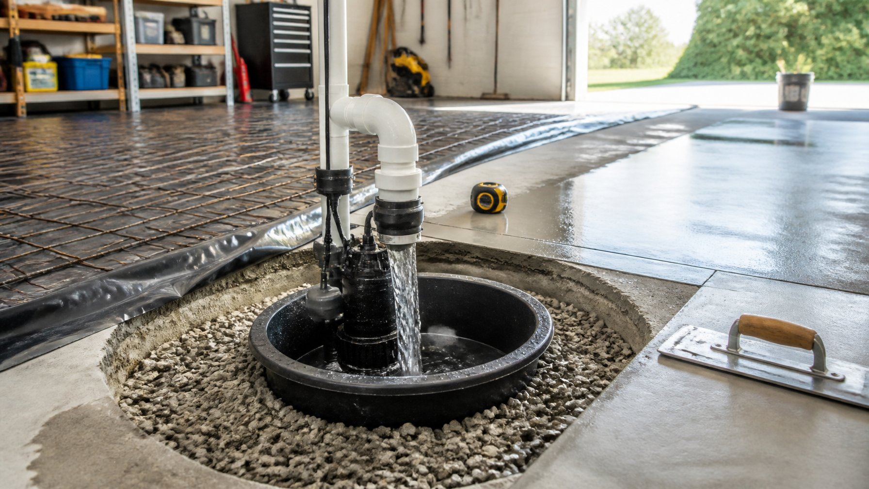 Close-up of a sump pump installed in a garage floor pit with water flowing, surrounded by gravel and concrete floor under preparation.