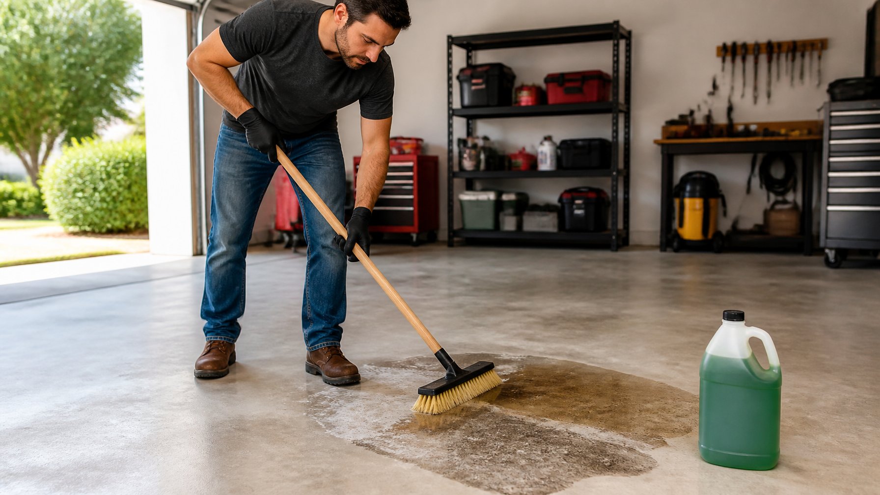 Person cleaning a concrete garage floor with a scrub brush and degreaser in a well-lit garage.